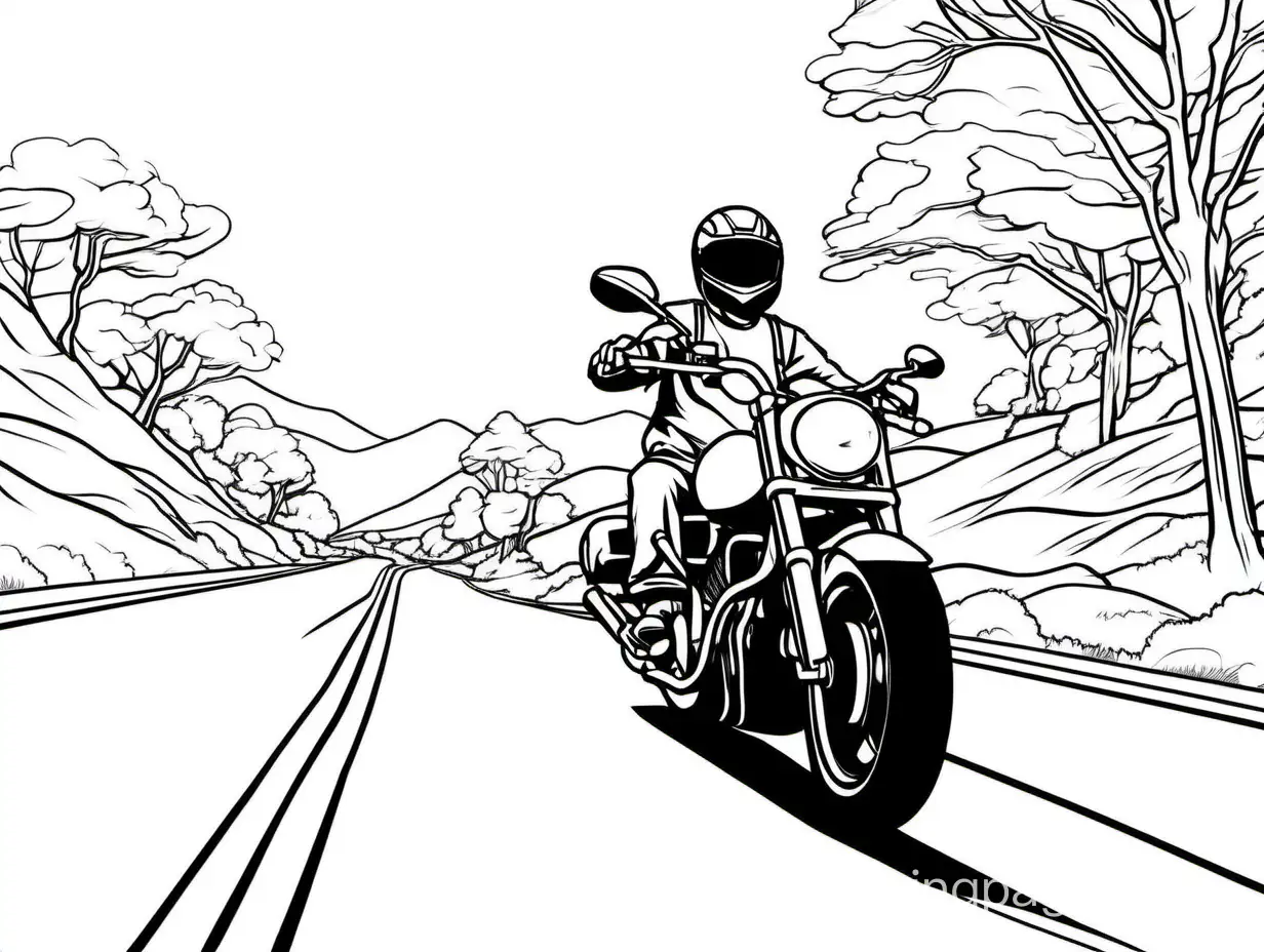 Motorcycle driving down road at you with no rider, Coloring Page, black and white, line art, white background, Simplicity, Ample White Space. The background of the coloring page is plain white to make it easy for young children to color within the lines. The outlines of all the subjects are easy to distinguish, making it simple for kids to color without too much difficulty
