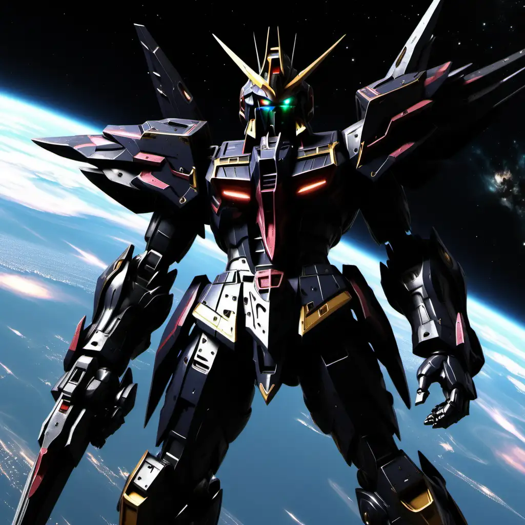 a dark gundam that resembles a medieval black knight in space looking over the earth, FHD, hyper quality --ar 16:9 --s 1000 --v 6. 0 