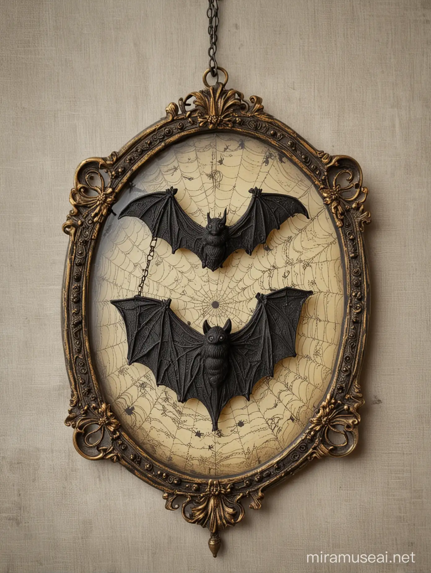 Antique Bat Cameo Hanging in Spooky Spider Web