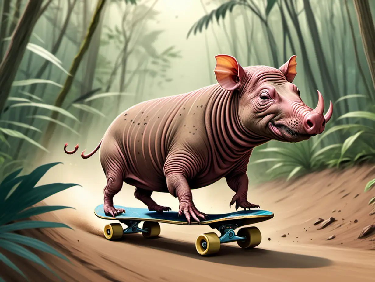 cute drawing of a babirusa skateboarding on a dirt path , background jungle, cute style