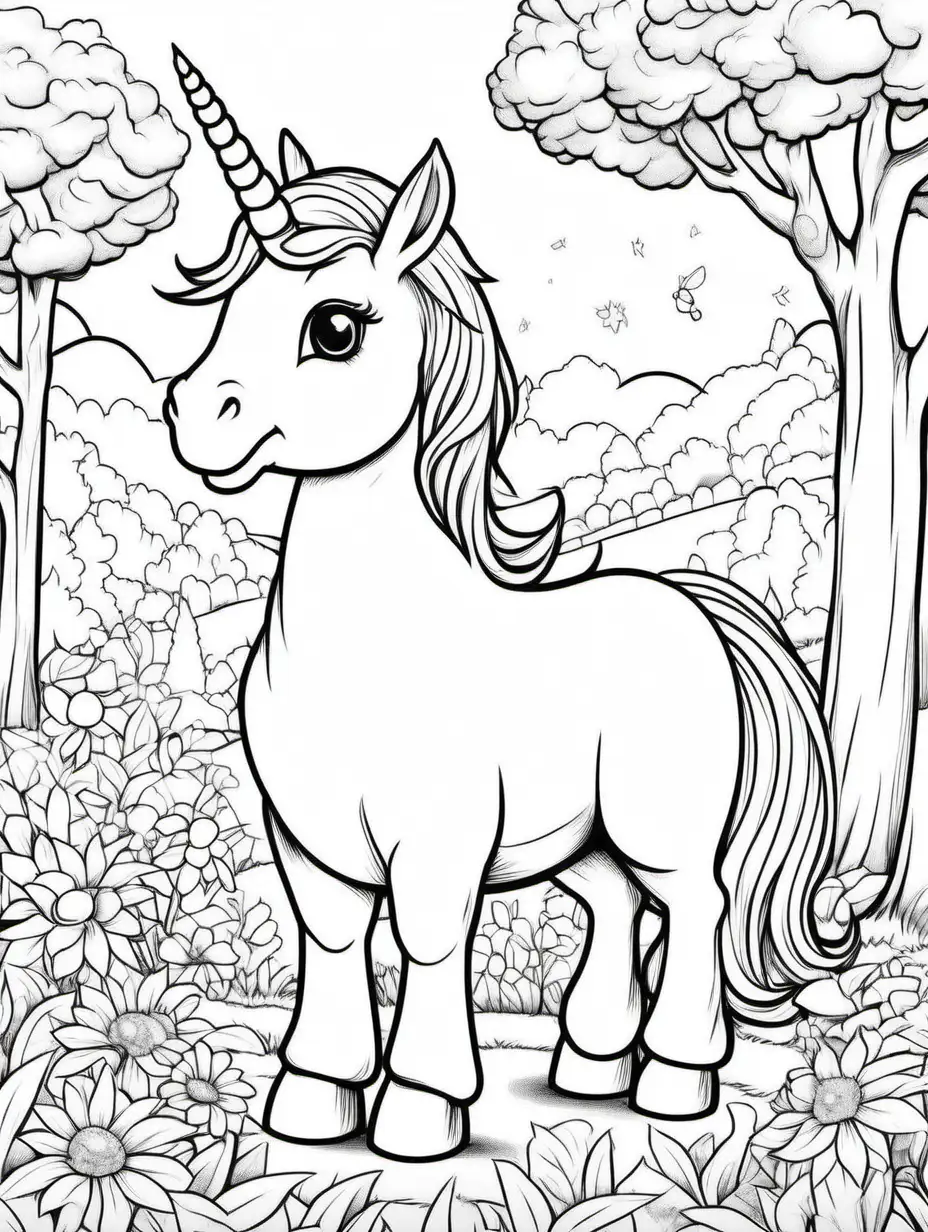 kids coloring page, create a simple chubby unicorn, by an apple tree, there is a bunny nearby, a few flowers in the background, cartoon, no shading
