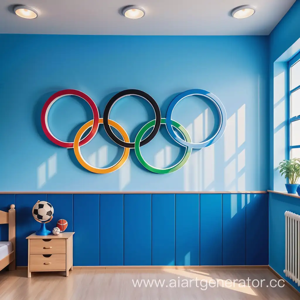Спортивная школа,сине голубой цвет,олимпийские кольца и название олимп