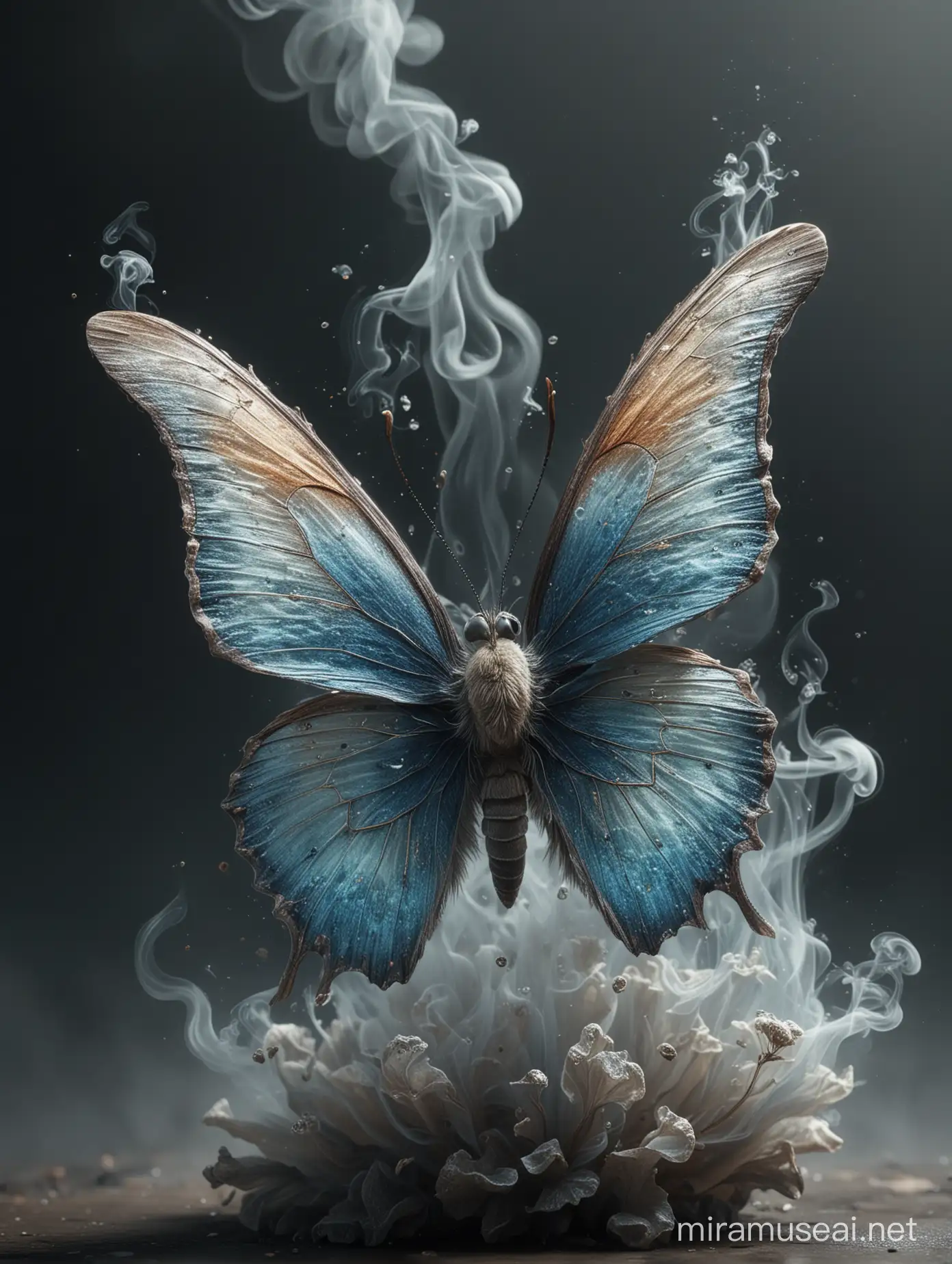 hyper-realistic (RAW, analog), butterfly elf, the image is flooded with smoke, ultra unique natural textures, slight imperfections, vray