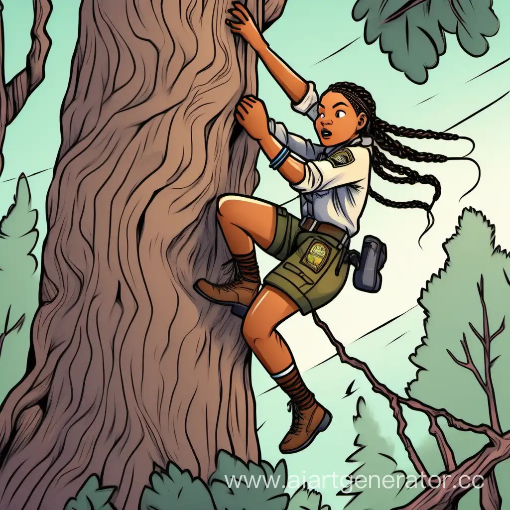Park ranger girl indigenous in shorts and long sleeves with braids climbs a tree, Wolf grabbed her shorts 