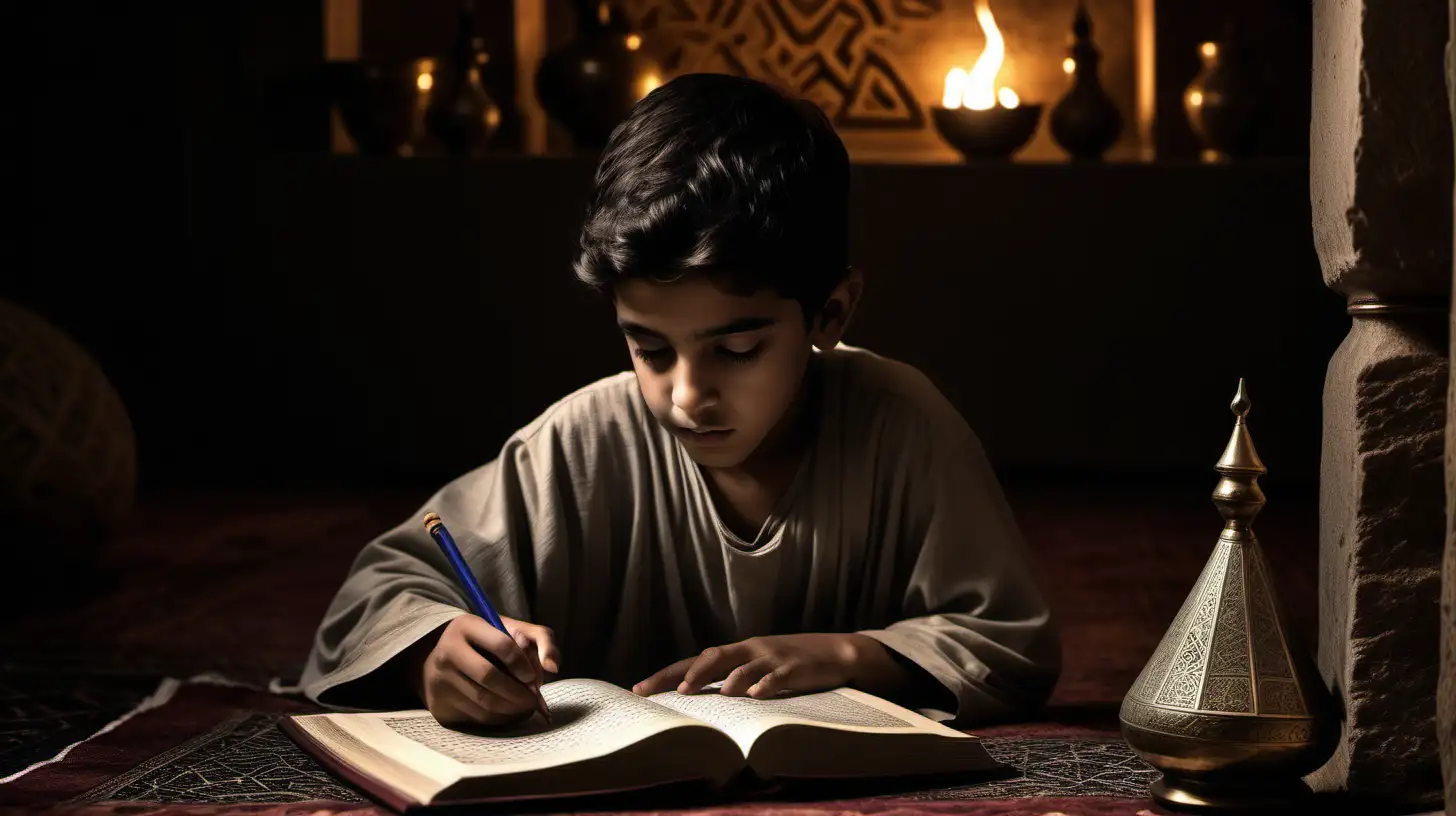 A dark landscape image of an ancient arab society deeply connected to islam, a young boy studying in his home


