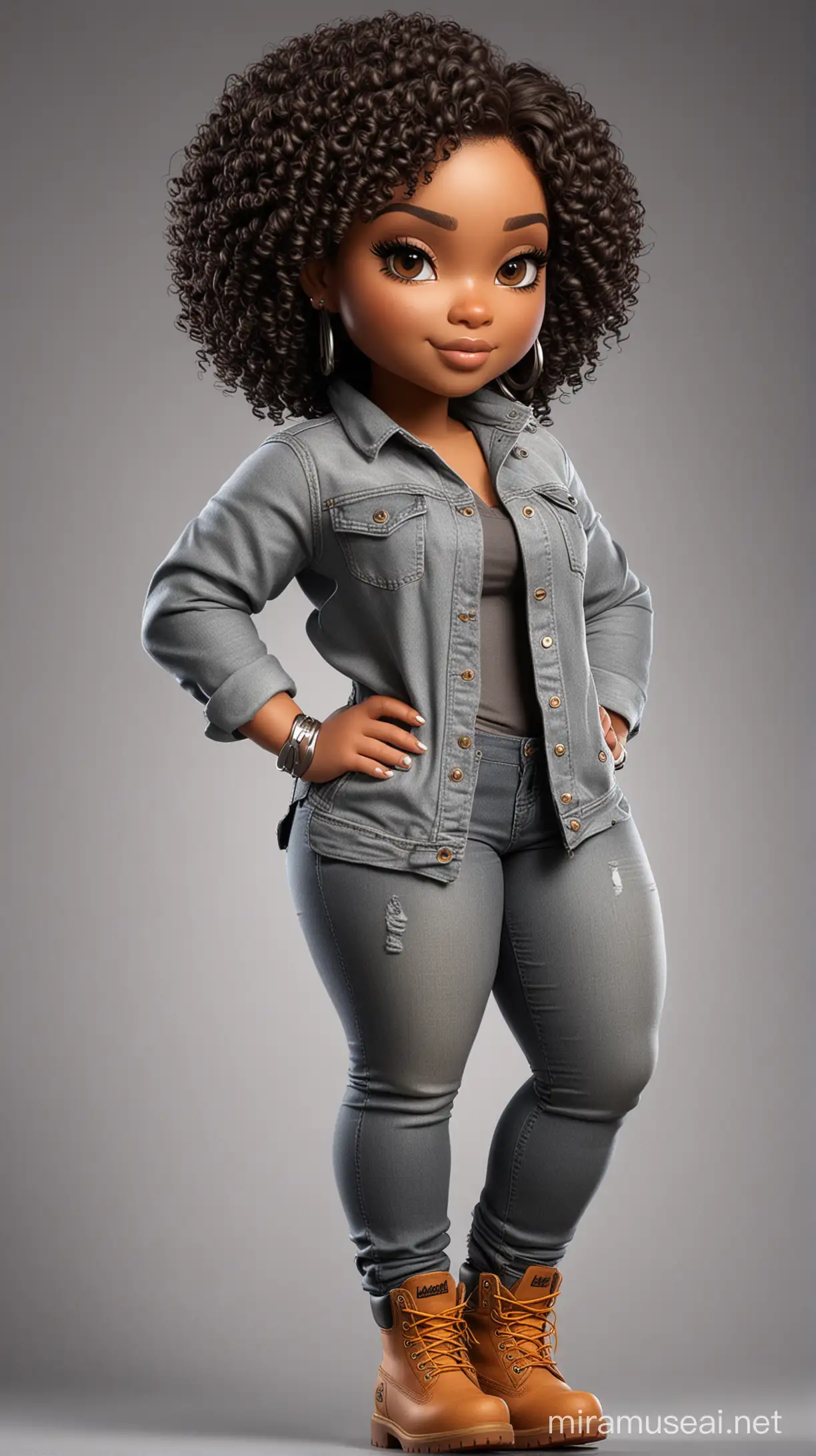 create a magna airbrush image of a plus size chibi dark skinned Black female wearing a grey jean outfit with timberland boots. Prominent make up with brown eyes. Highly detailed tight curly ombre afro
