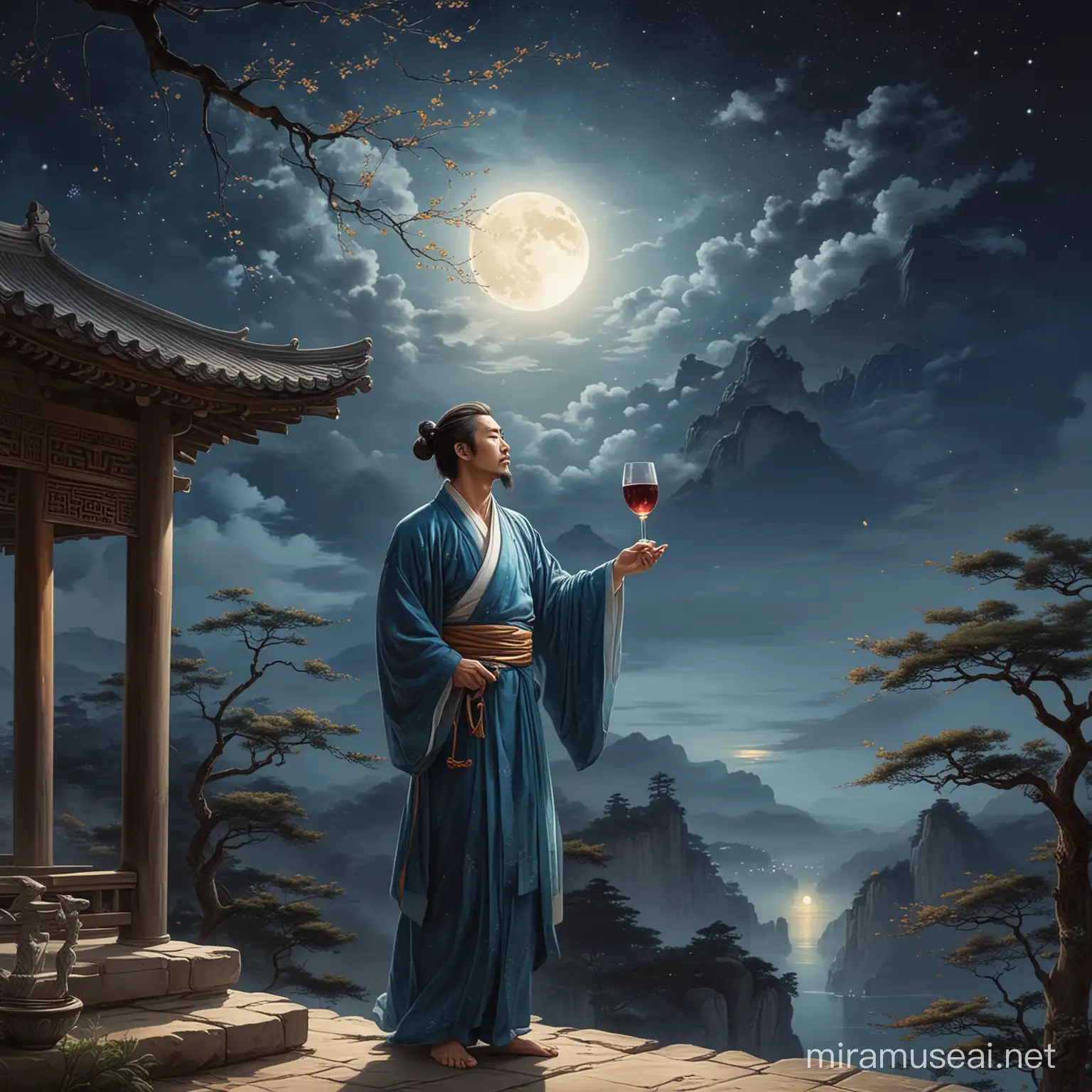 Majestic Li Bai Contemplating Under Crescent Moon