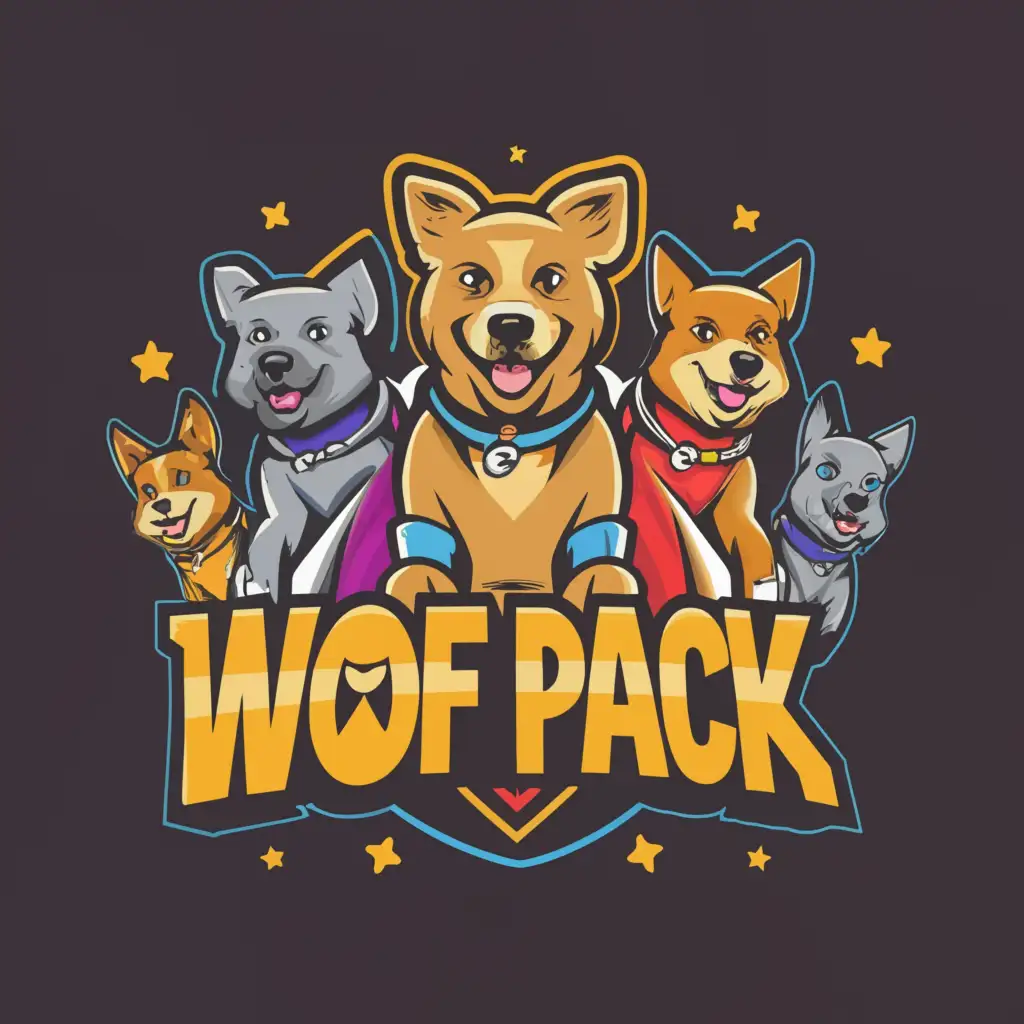 a logo design,with the text "Woof Pack", main symbol:Group of superhero dogs,Moderate,clear background