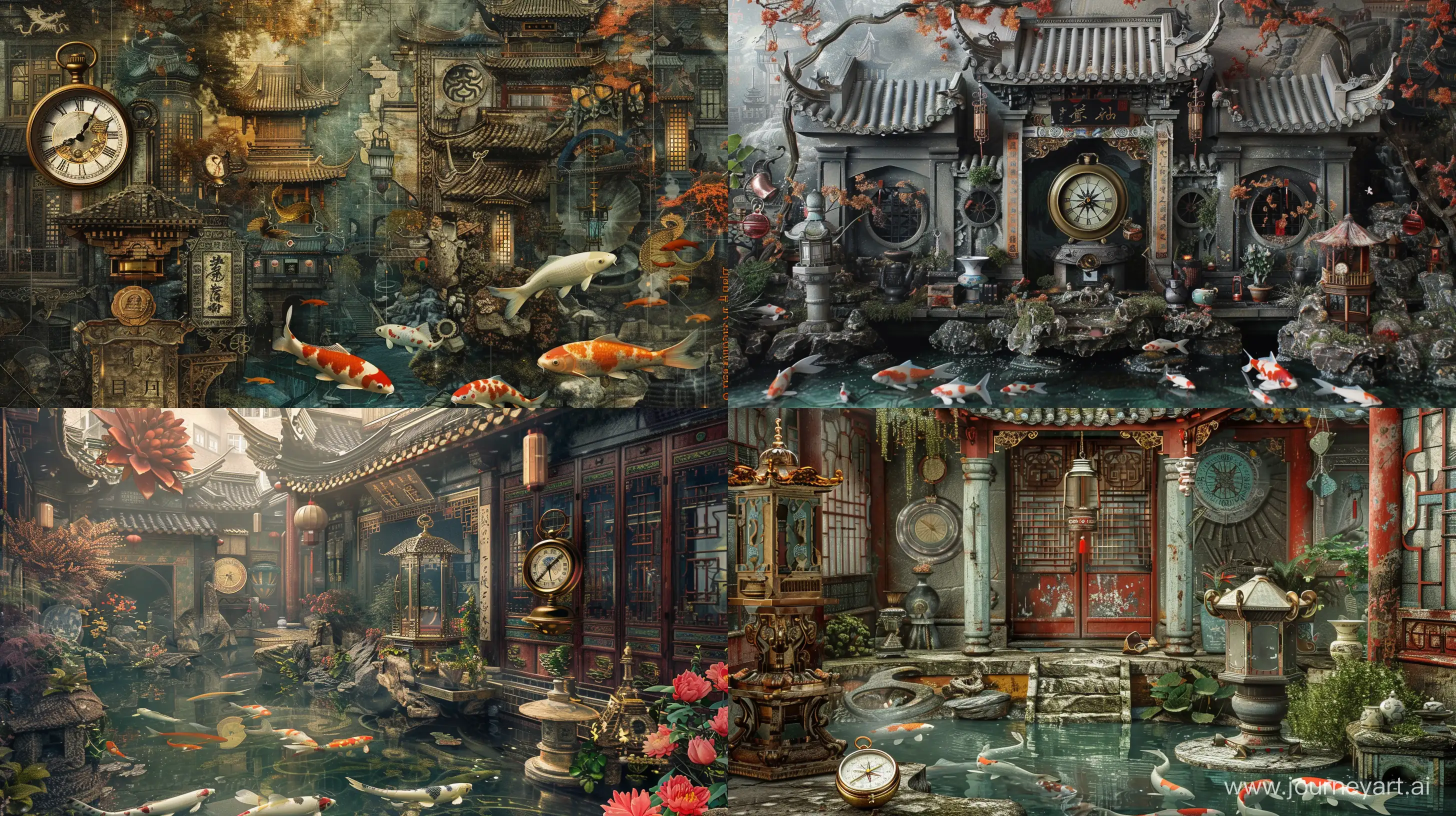 **elegantism, insane detail, painting masterpiece ,Extreme authentic decor , pocket watch, compass, lantern, porcelain, koi ponds ,  perfect exact rendering, embellished and intricate architectural ornamentations, many china and japan artifacts, greebles::2 --ar 16:9 --q 1