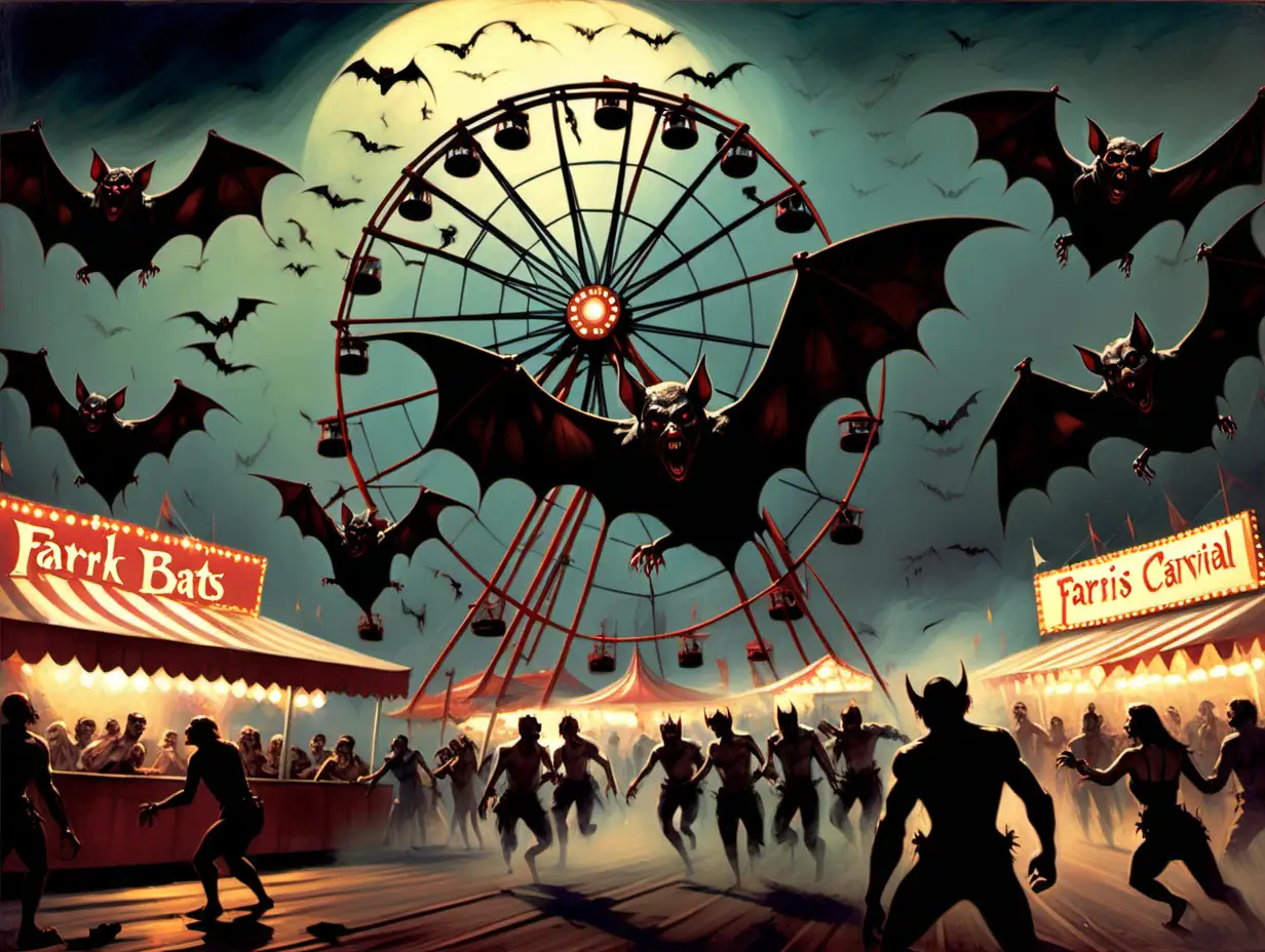 vampire bats chasing people at a carnival with a Farris wheel in the background Frank Frazetta style