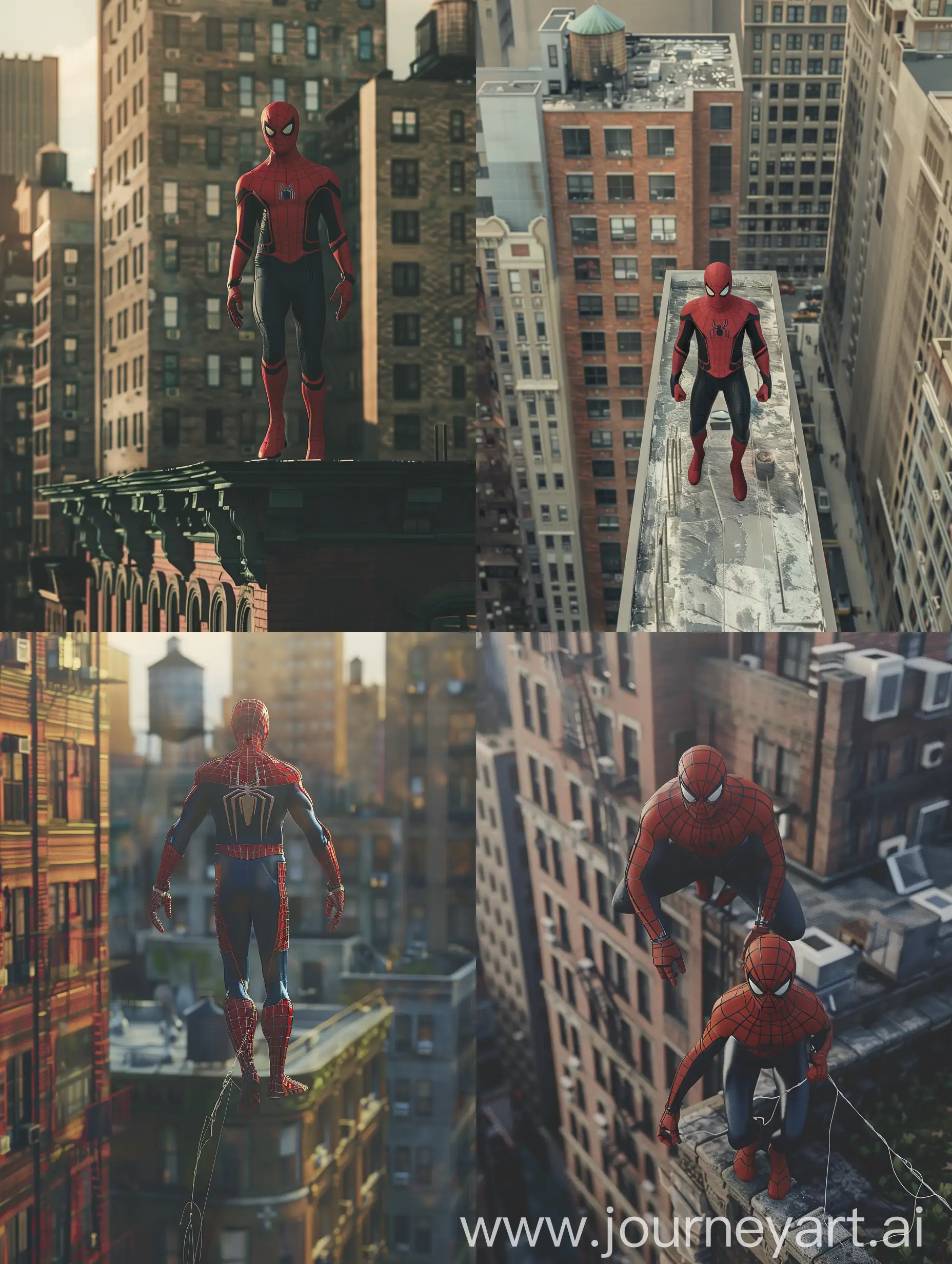 Spider-Man walking across apartment building New York. Like a Spider-Man poster. Make the camera from far away. 8K ((ULTRA REALISTIC))