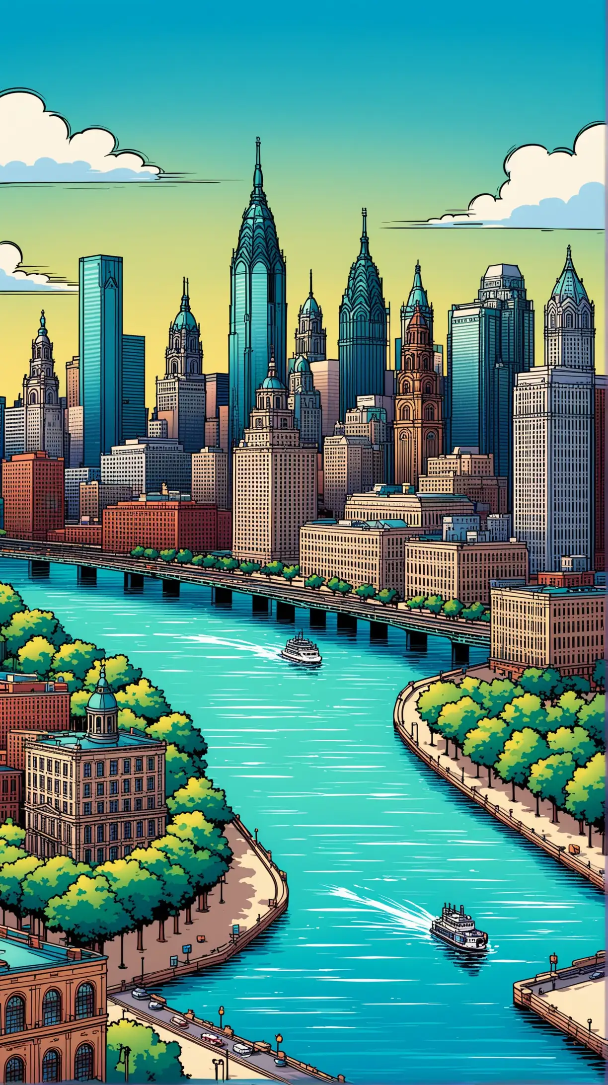 Cartoon Philadelphia City Skyline with River View