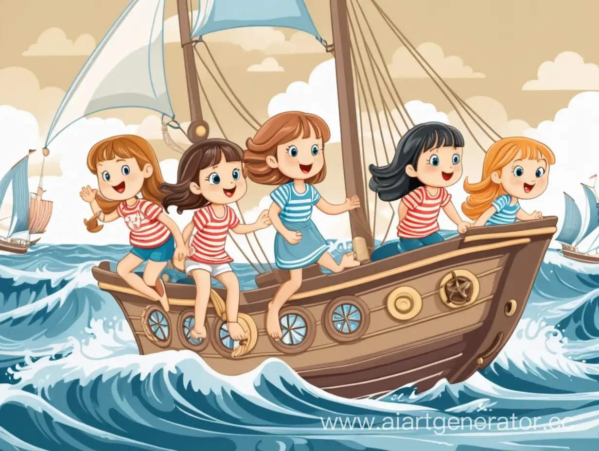 Корабль плывет по волнам с девочками, мультик