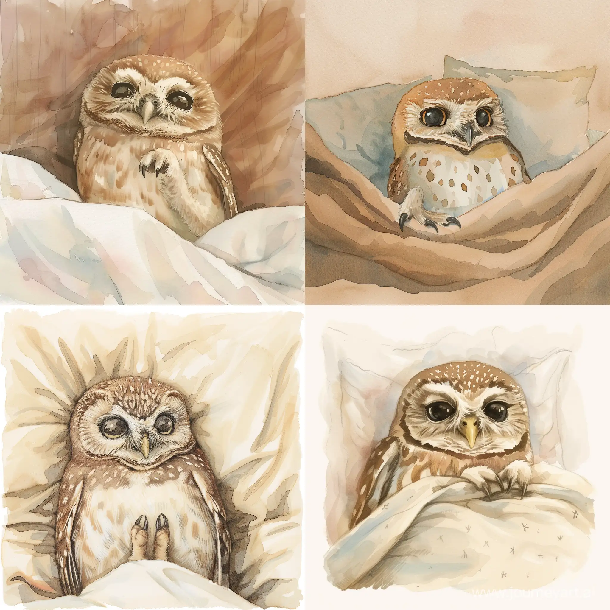 Adorable-Owl-Waking-Up-in-Bed-Watercolor-Good-Morning-Scene