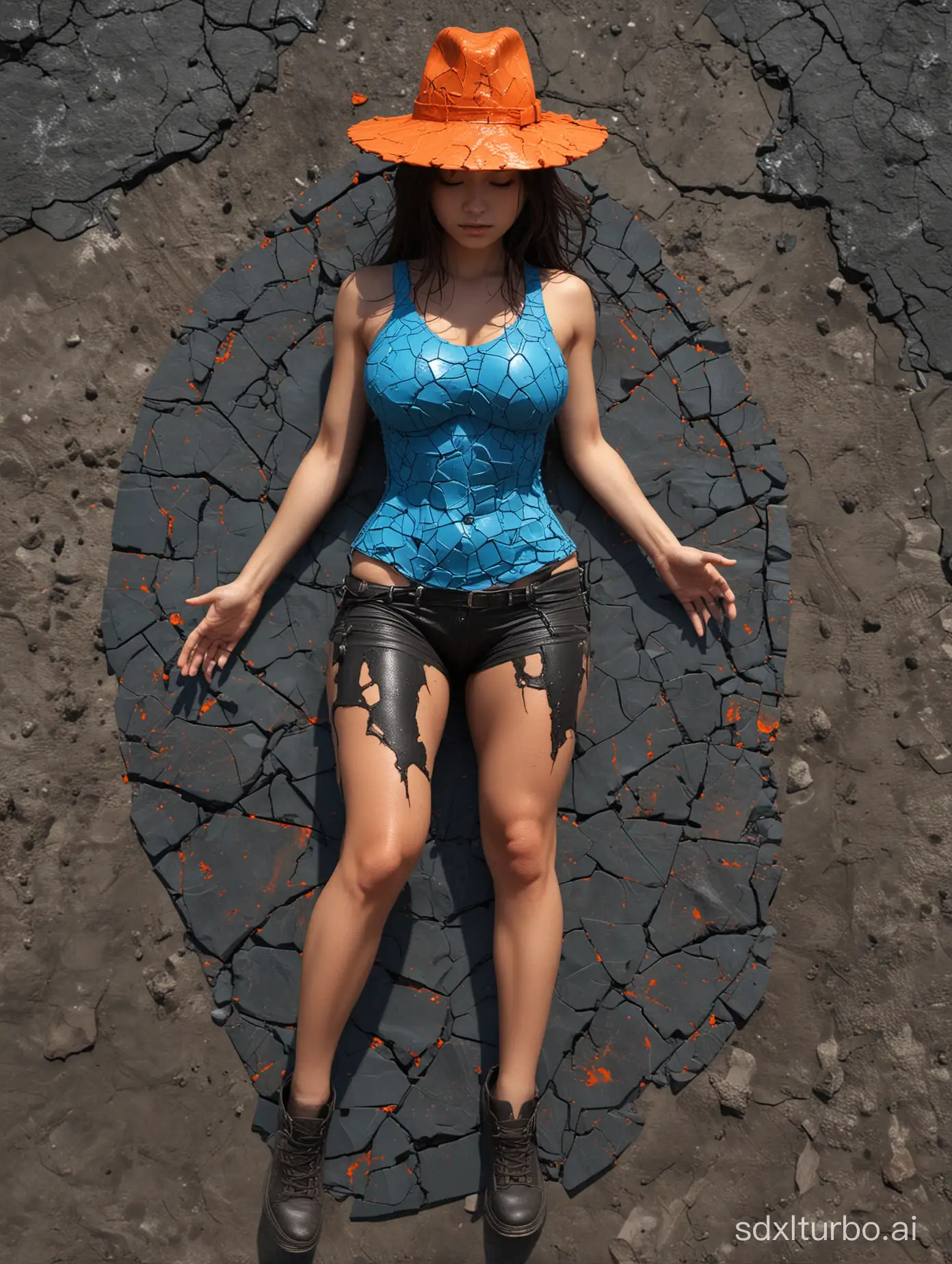 Fukada Kyoko，with hat,((full body, huge round ass)),tank top, huge breast, a photo of a woman on a cracked surface, inspired by Alberto Seveso, featured on zbrush central, orange fire/blue ice duality!, portrait of an android, fractal human silhouette, red realistic 3 d render, blue and orange, subject made of cracked clay, woman, made of lava
