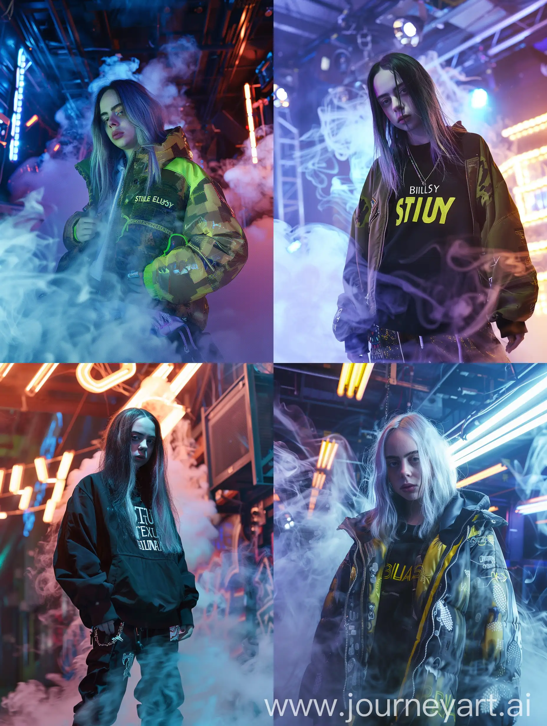 Realistic Photo Side Front Billie Eilish x RENA Streetwear: Amidst the pulsating lights of an underground club, Billie Eilish embodies downtown cool and futuristic allure. Dynamic photography captures the surrealism of Stussy streetwear in motion, with hyper-realistic details like embroidery zoom and inflatable technical textile. The scene is enveloped in swirling smoke, showcasing Eilish's edgy attitude and effortless style.