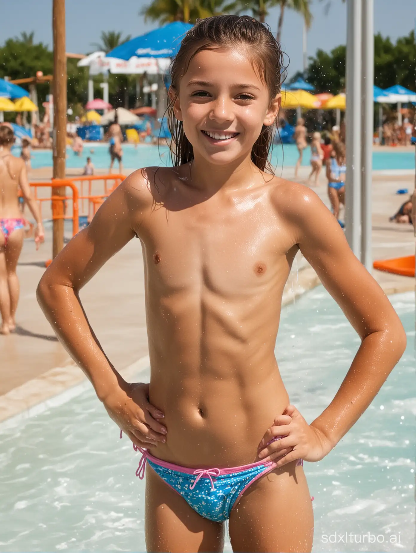 Alexis Brill at 7years old, girl, flat-chested, muscular ribs, showing her belly, at Water park, wet 