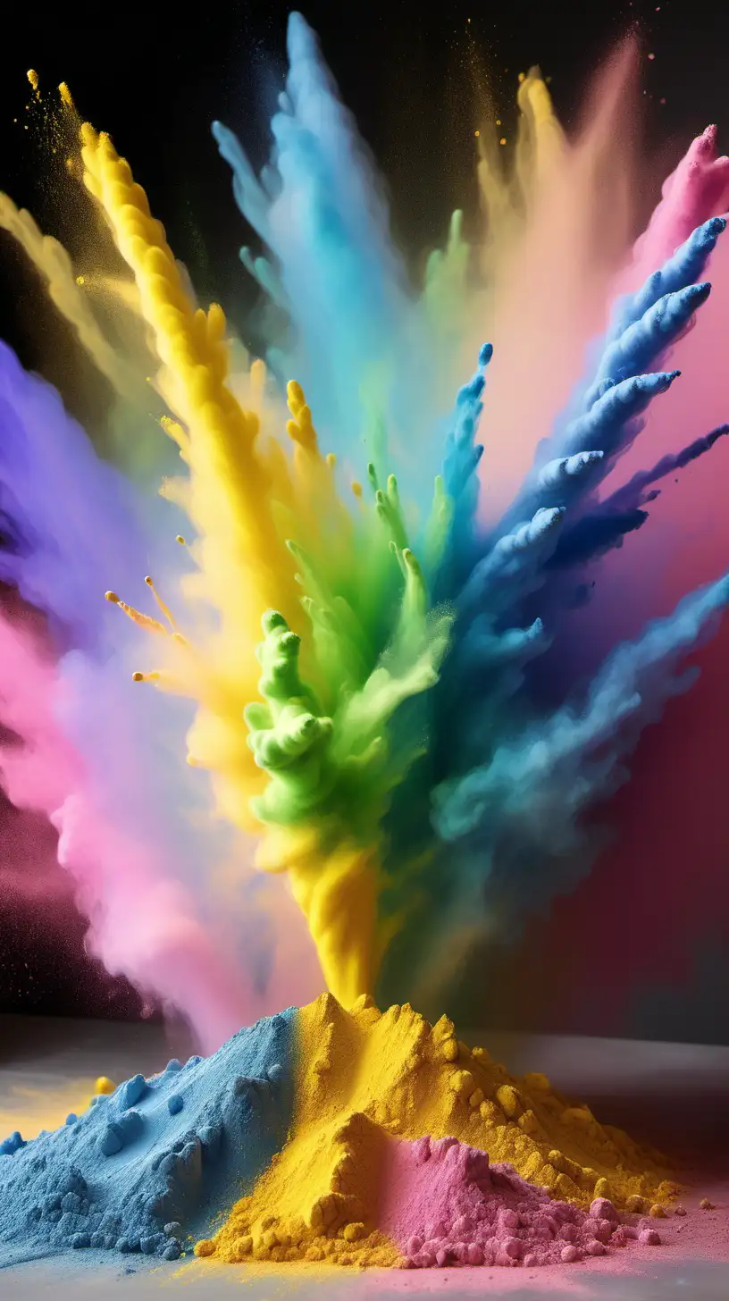 Vibrant Rainbow Powder Explosion in Yellow Blue Green and Pink