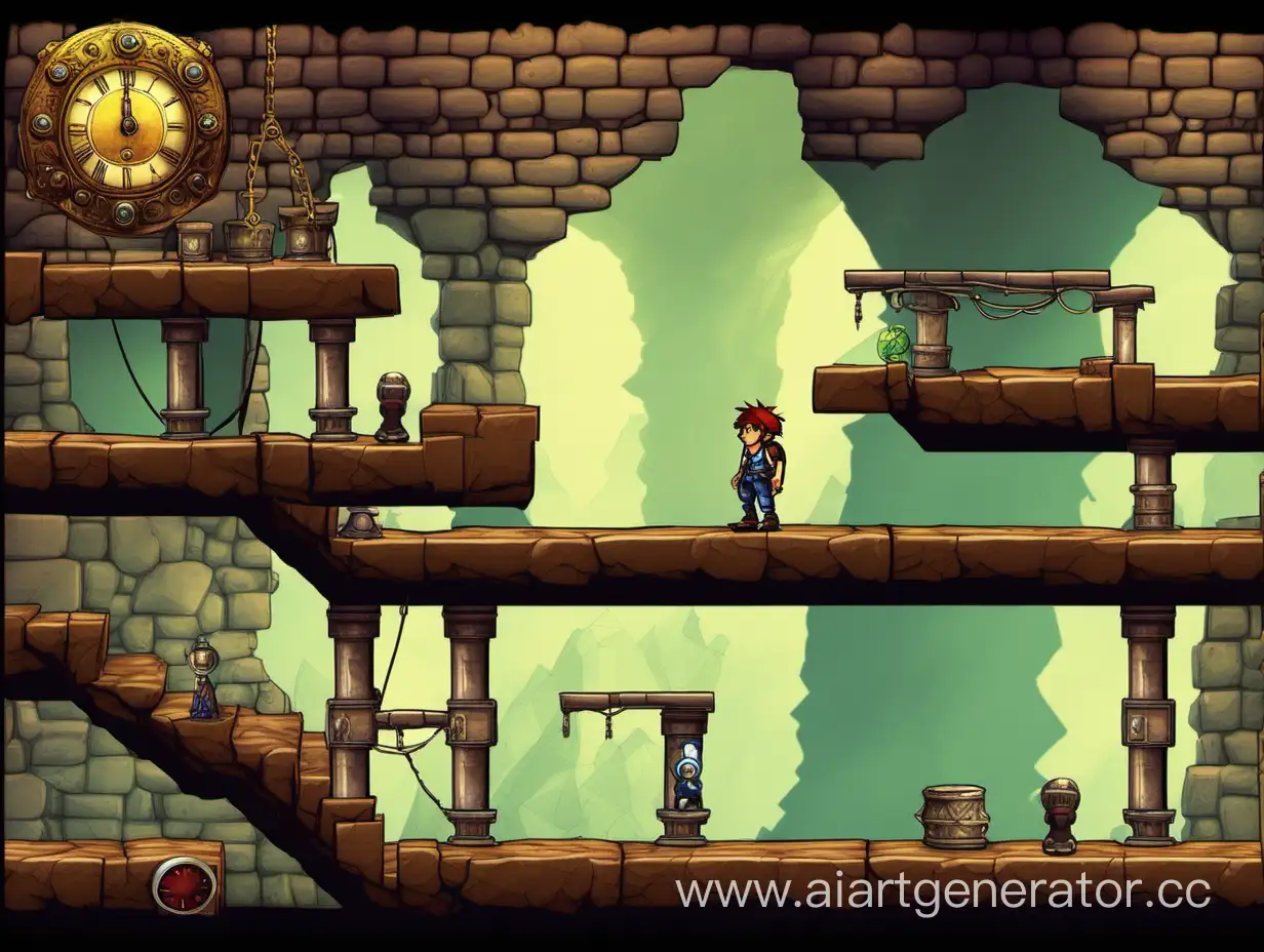 "Chrono Quest" is a 2D side-scrolling adventure game that combines platforming, puzzle-solving, and time manipulation mechanics. Players control a young archaeologist named Alex, who discovers an ancient artifact with the power to manipulate time. The game features a unique time-traveling mechanic that allows players to shift between different time periods within each level, altering the environment, solving puzzles, and overcoming obstacles.  As Alex progresses through the game, he gains access to different time-manipulation abilities, such as slowing down time to navigate through fast-moving obstacles, reversing time to repair broken structures, and freezing time to halt dangerous enemies.