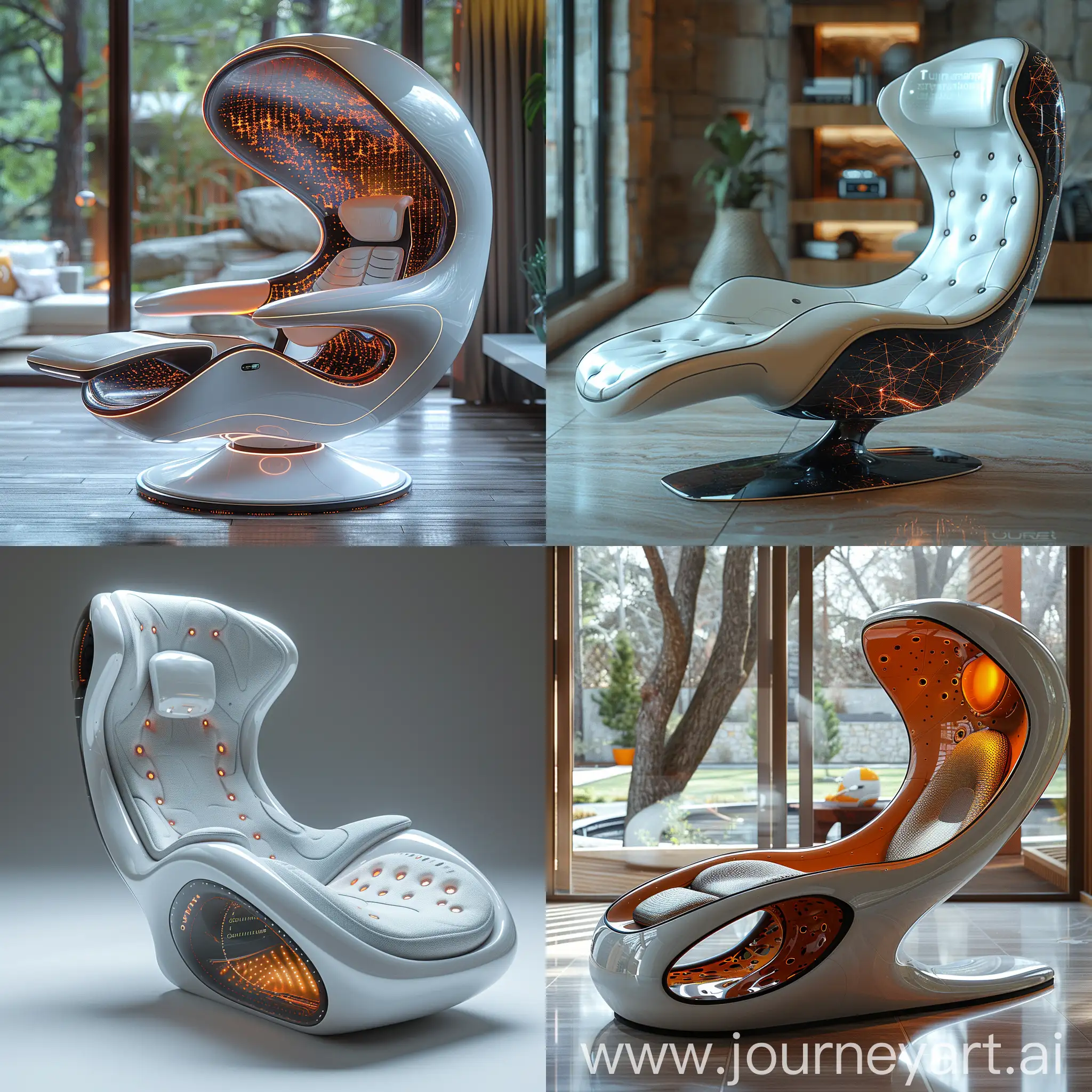 Futuristi chair, biometric recognition and abjustment, environmental integration, self-repairing nanofibers, kinetic energy harvesting, interactive holographic display, universal design, sustainable materials, mind-machine interface integration, virtual reality integration, octane render --stylize 1000