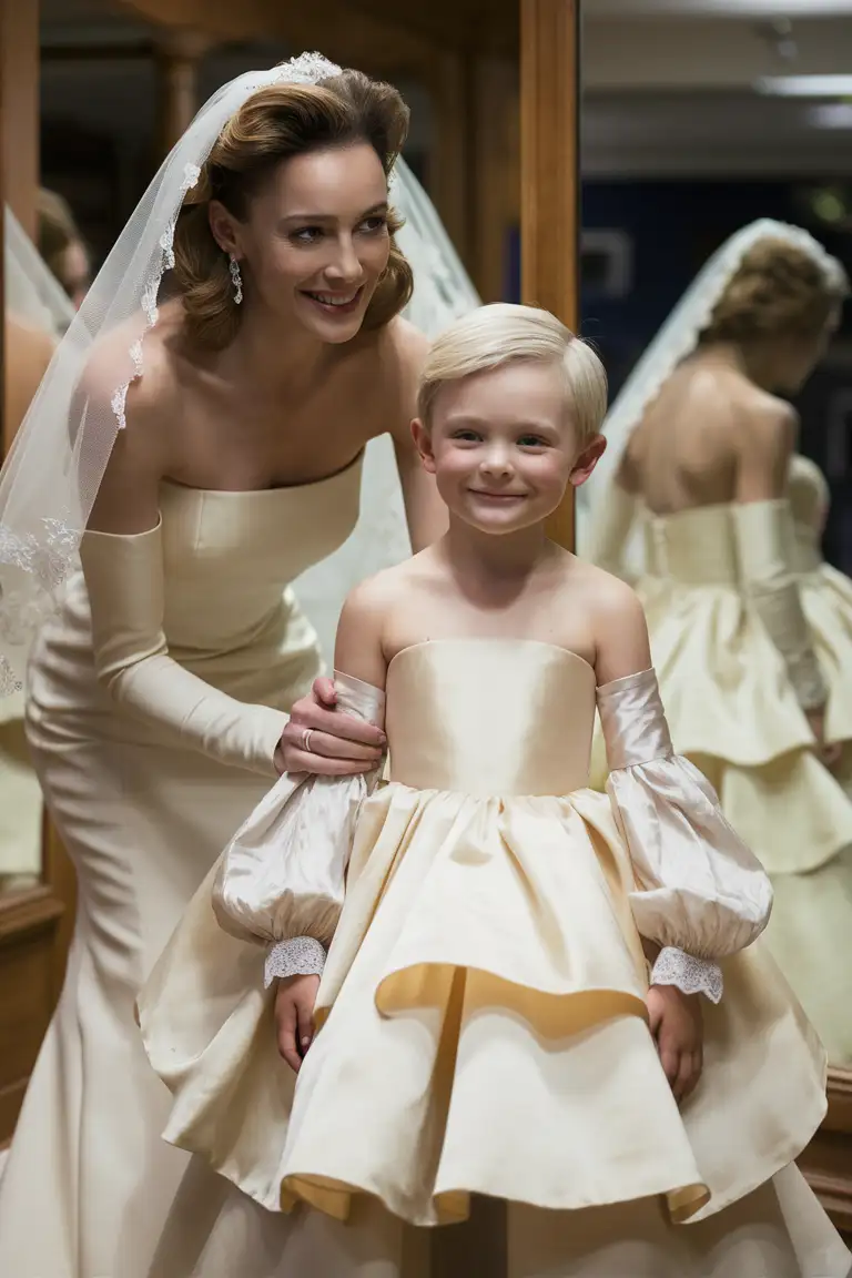 (((Gender role-reversal))), Photograph of a white-skinned British mother and her thin white-skinned young son, a cute small boy age 10 with short smart hair shaved on the sides, the boy has gone with his mother to her wedding dress fitting at a wedding dress shop, but while there the mother can’t resist making her son try on a mini version of her wedding dress too, the sweet boy is smiling calmly with dimples in a thick frilly strapless wedding dress with long sleeves and a veil, adorable, perfect children faces, perfect faces, clear faces, perfect eyes, perfect noses, smooth skin