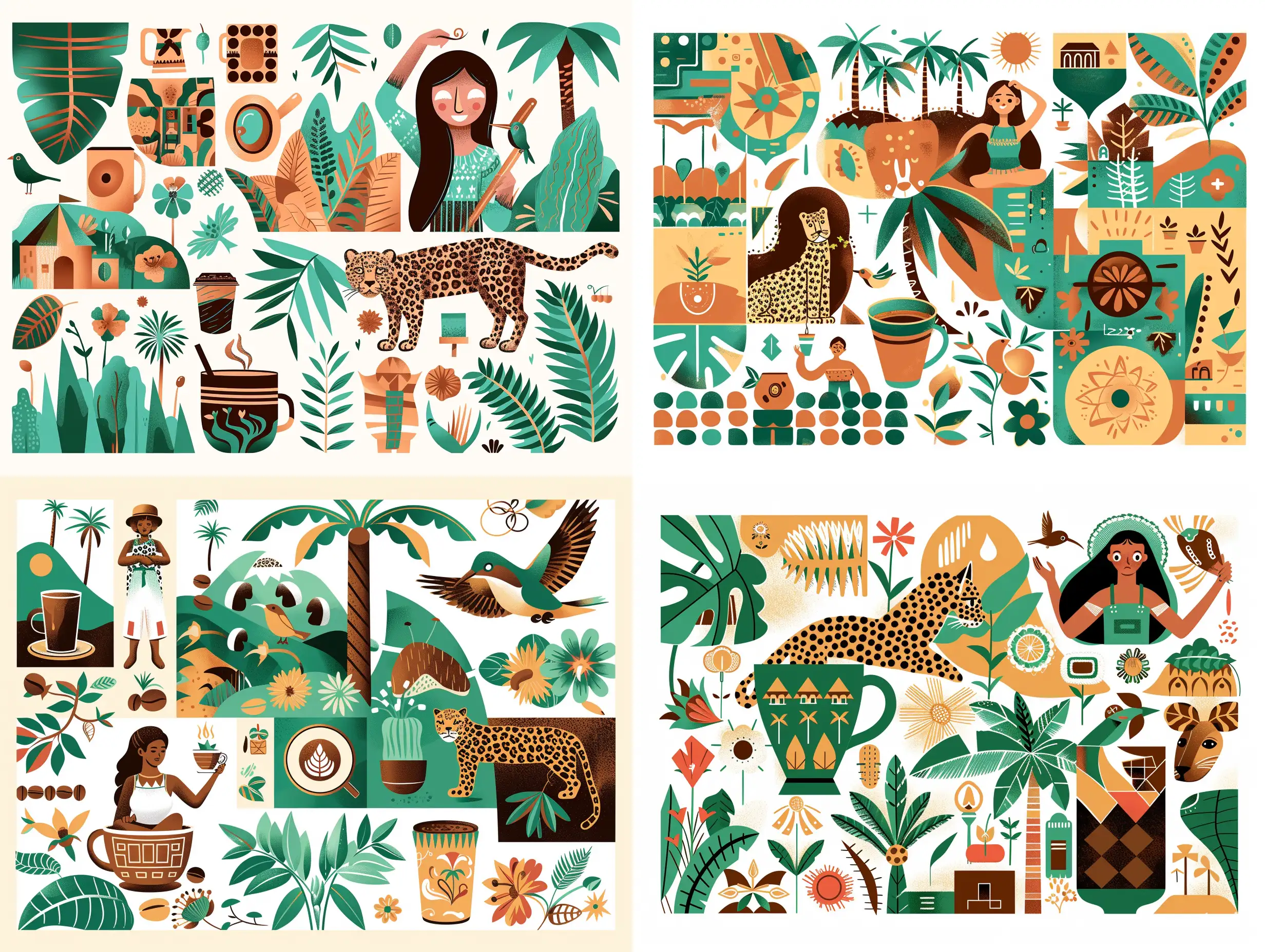 Иллюстрация кофе в чашке, девушка из Бразилии , леопард, Колибри, листья пальмы, кофе, цветы бразилии на белом фоне- serf https://mir-s3-cdn-cf.behance.net/project_modules/max_1200/fb85c778855831.5cb0c1615d660.jpg