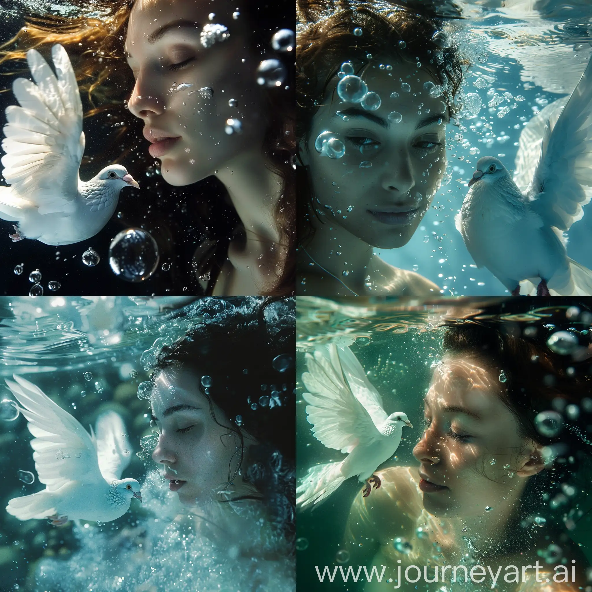 A captivating cinematic image of a woman underwater, very few large bubbles, and a pure white dove swimming next to her. 