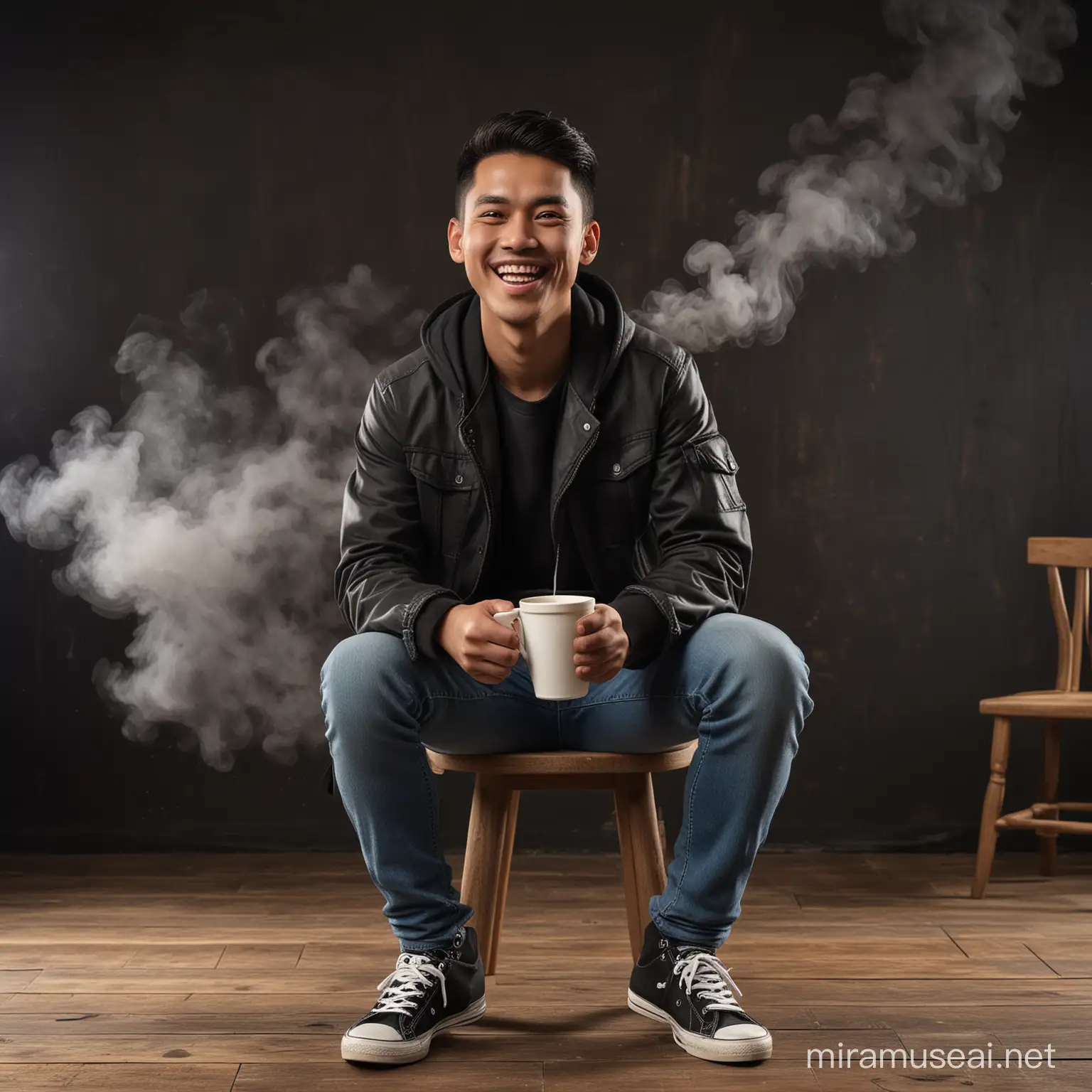 Realist 3D caricature, a young man, Indonesian face, wearing a black jacket, wearing jeans, wearing sneakers, sitting on a wooden chair, smiling, while carrying a cup of warm coffee, smoke effect, black rustic photography background, UHD, Hasselblad X1D II&nbsp; 50c Camera, iso 200