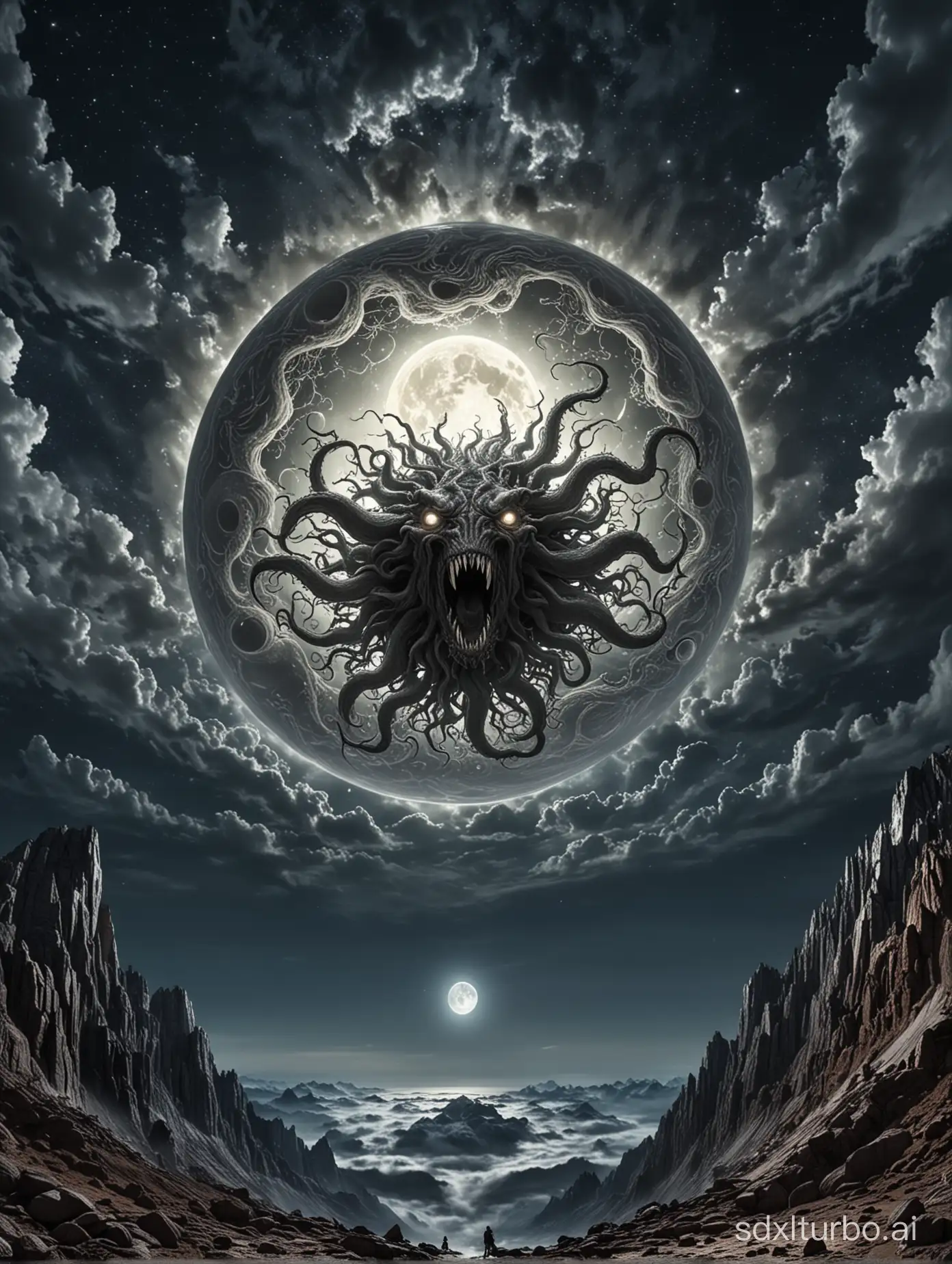 Yog Sothoth in the sky as the moon while screaming, illuminating, HDR, realistic approach, camera POV from a mountain