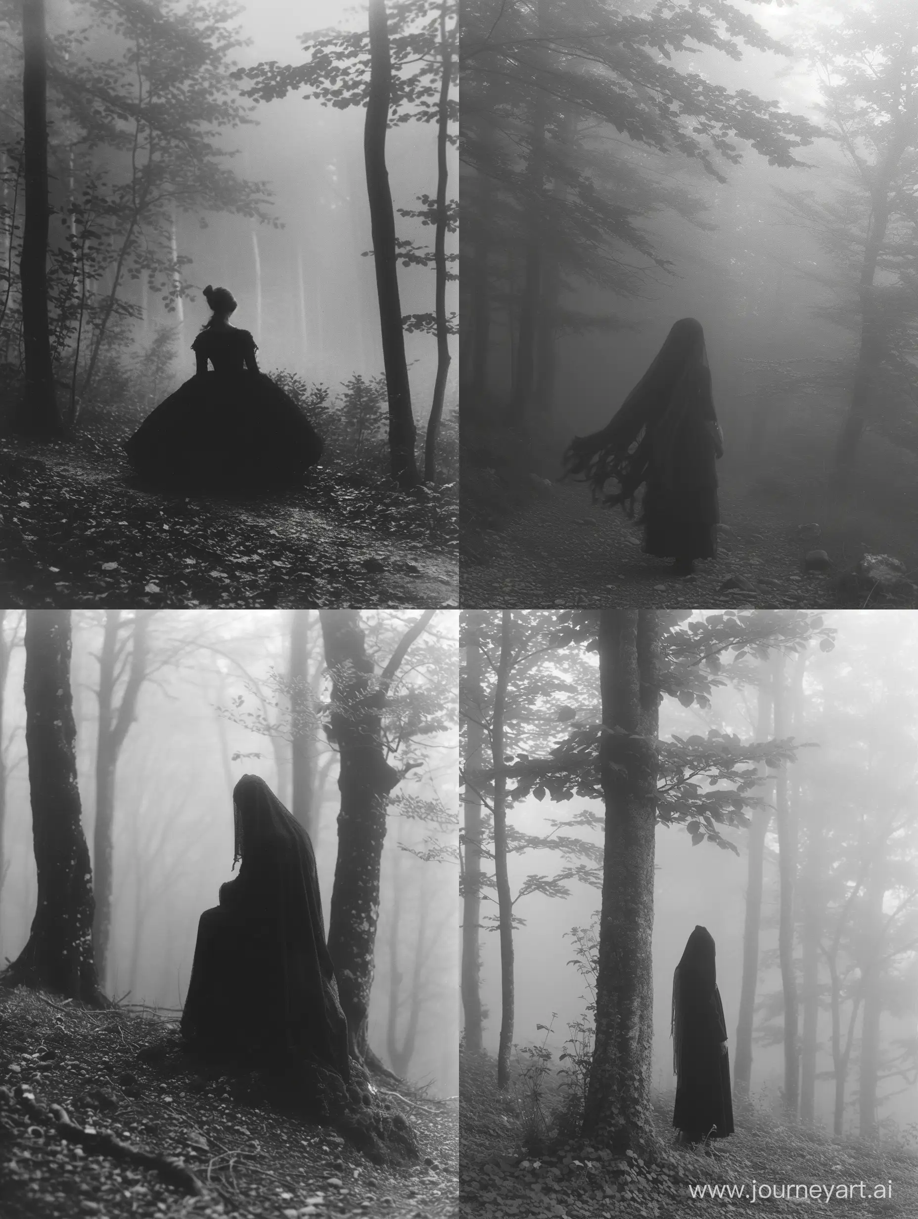 Grayscale photo of Rusalka in foggy forest, dark aesthetic, creepy pasta, photo taken on Provia