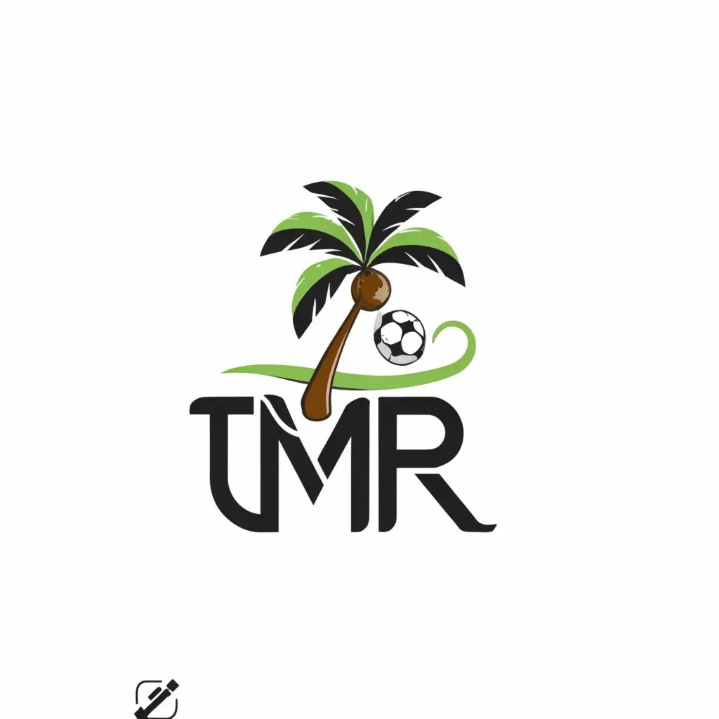 a logo design, with the text TMR, main symbol: Palm tree, dates, and soccer, Minimalistic, to be used in Entertainment industry, clear background