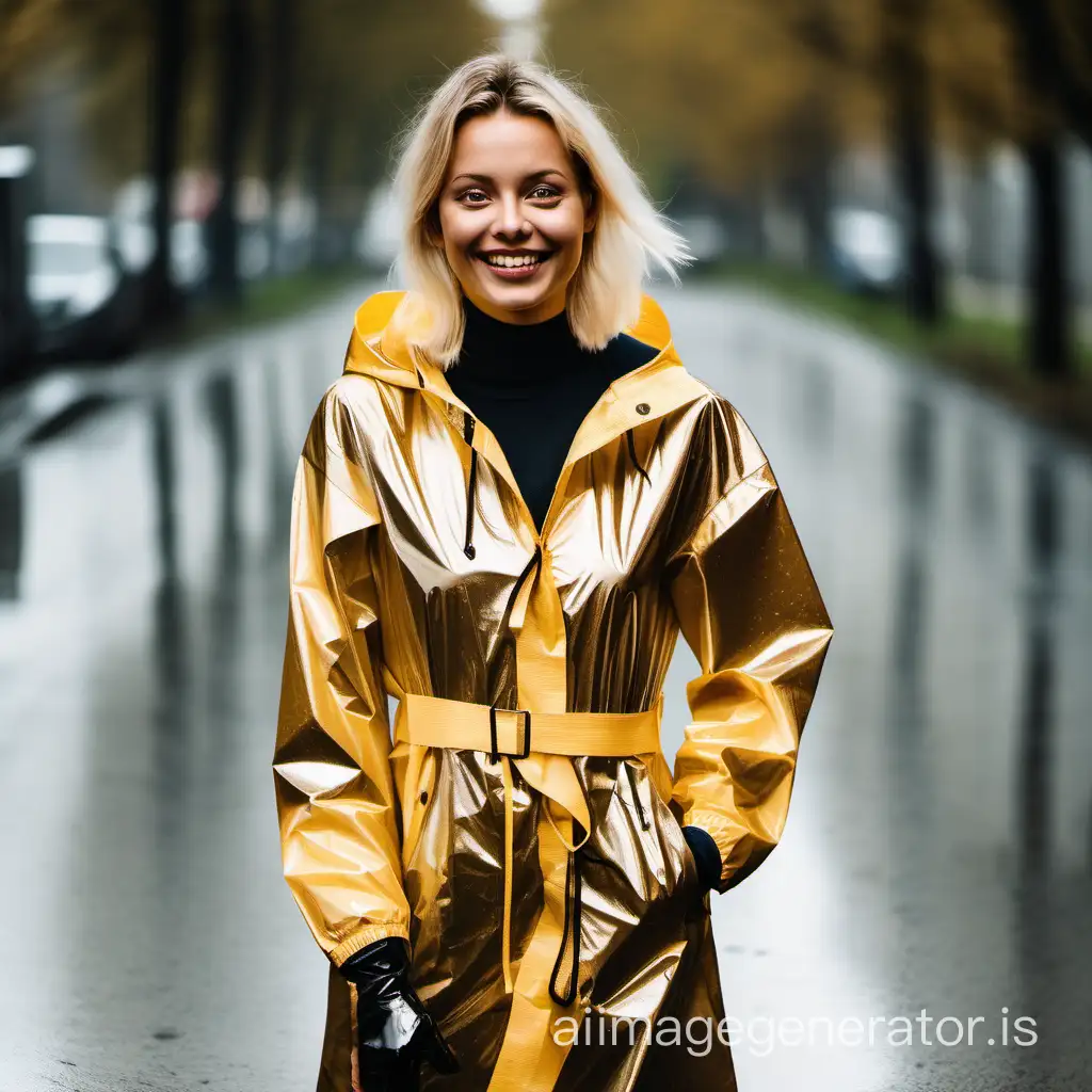 A young blonde woman stands confidently and smiling while wearing a shiny long polyamide raincoat in the sun. Her jacket is completely zipped up and she is wearing stockings under her rain jacket. She is also wearing shiny black rainboots