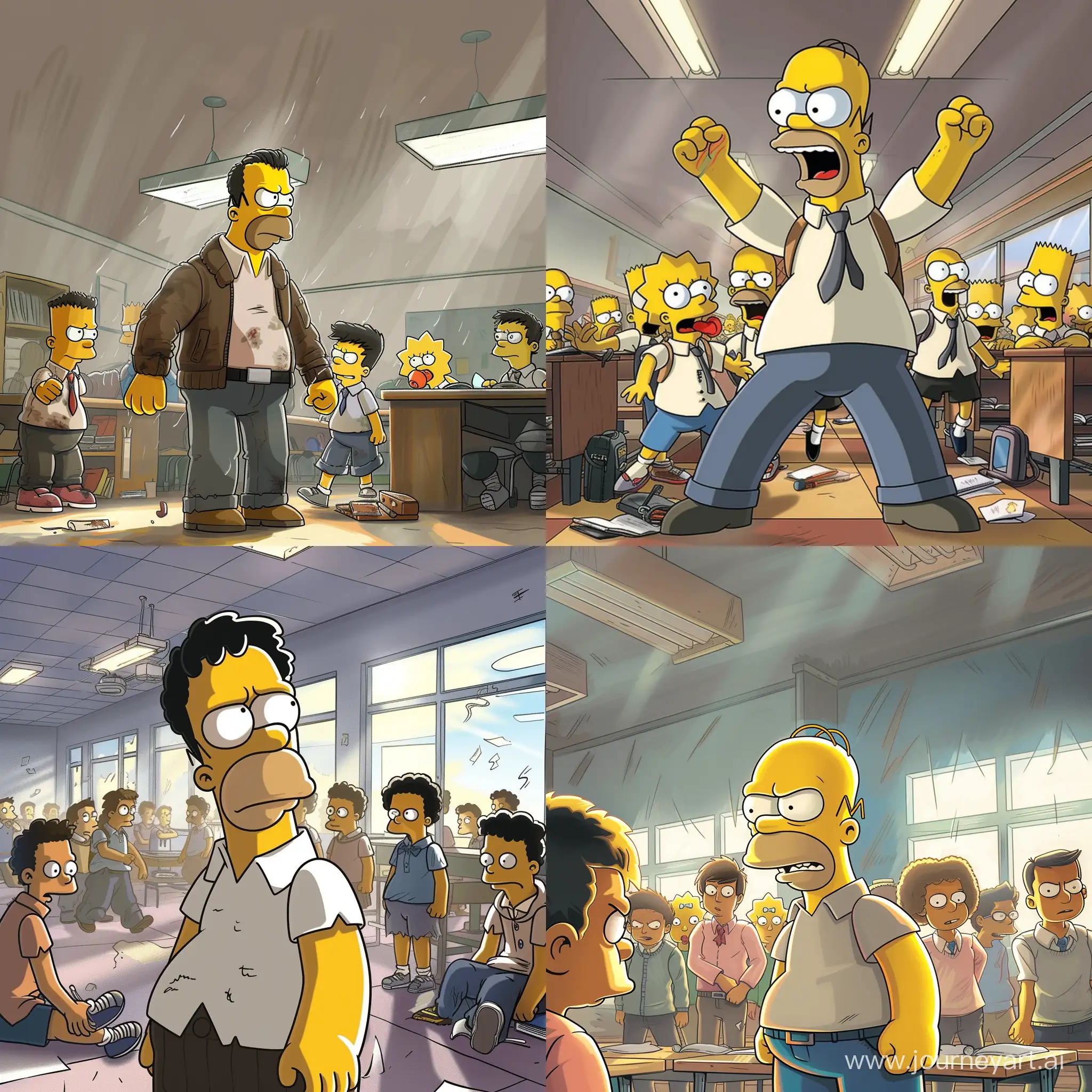 Гомера Симпсона высмеивают школьники, за то что он слабый в школе, мрачная атмосфера, рисовка как у pixar