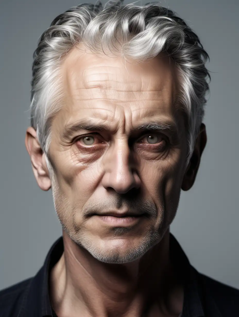 Photo-realistic, (brightly and evenly lit), very low contrast. Portrait. A handsome man, gaunt, long face, 50 years old, light skin, his lips shut, something irritating, demonic in his face, piercing eyes, strikingly light grey hair.  