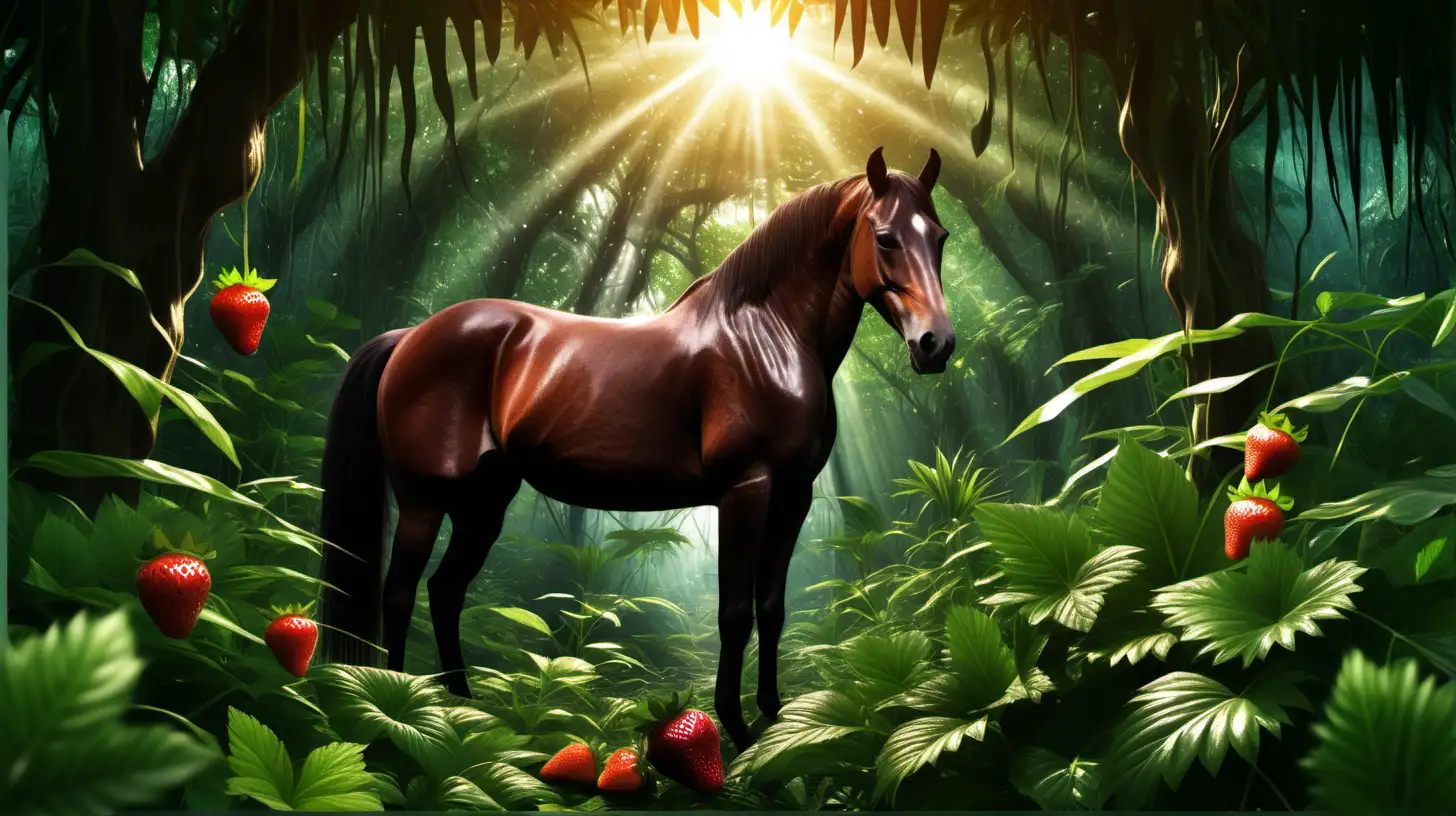 Drow a picture in shinning jungle with a dark brown horse in the middle of jungle. Strawberries. Shinning the sun in jungle.