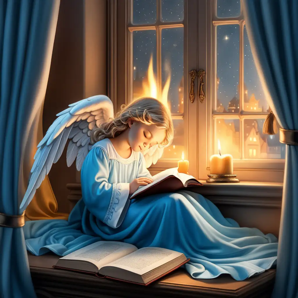 Good night picture with an angel falling asleep on a book with a candle burning in the window.  The curtains on the window are light blue