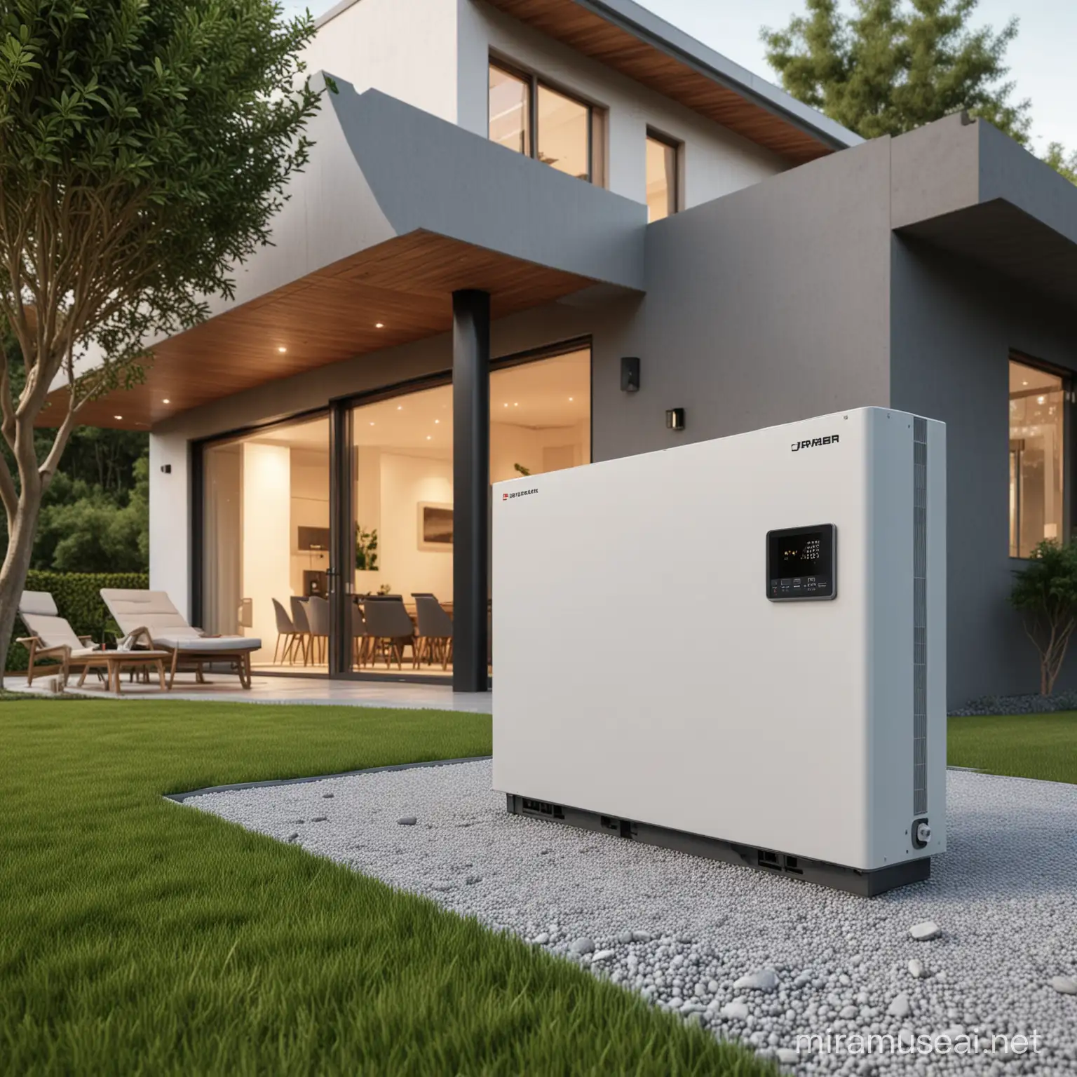 3D inverter battery at the backyard of a modern house
