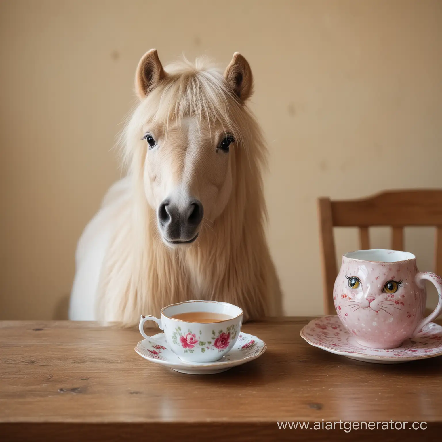 CatFaced-Pony-Enjoying-Tea-on-a-Table