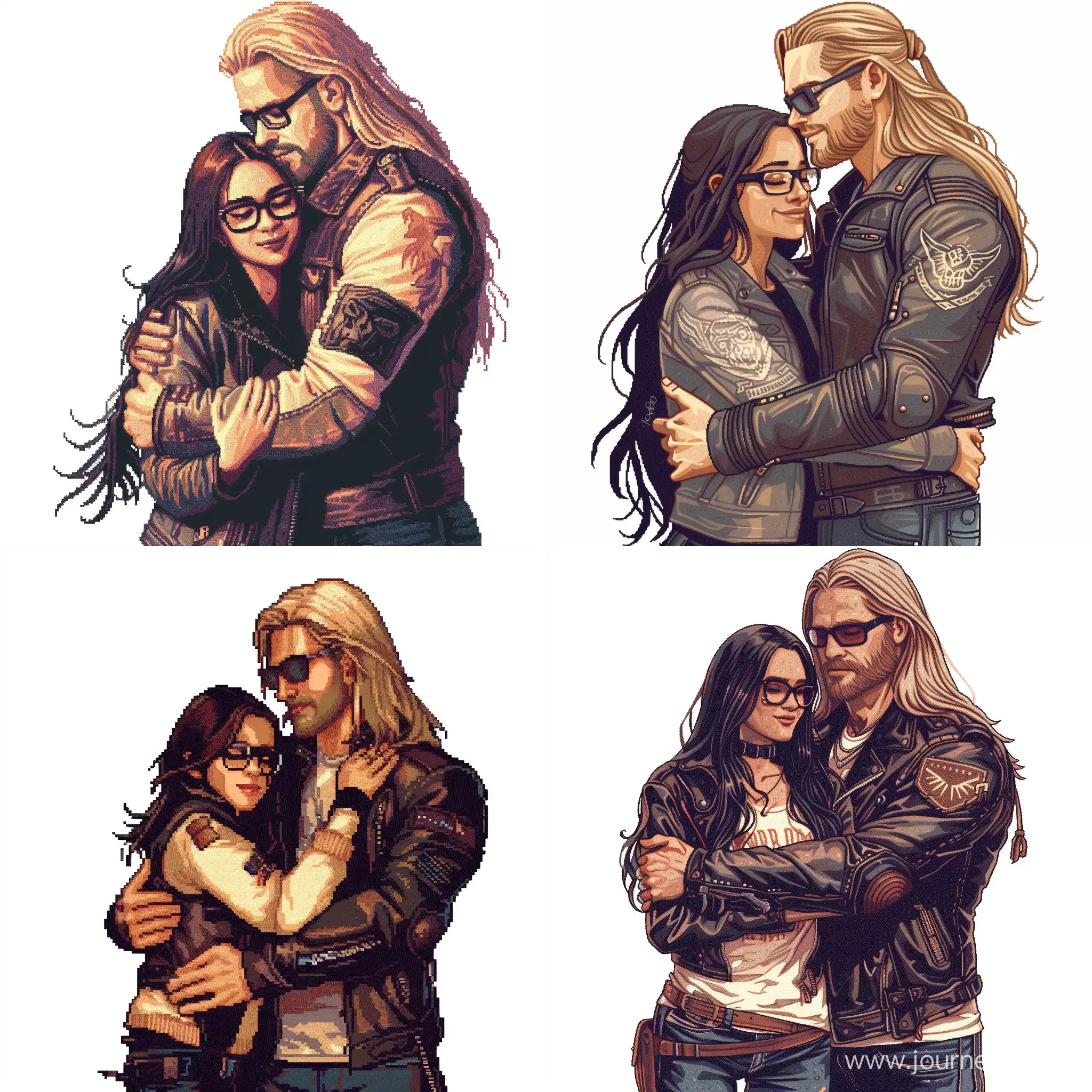 Draw in high detailed cyberpunk pixel art style. Short white girl with long dark hair in glasses hugging with tall white man with long blond hairs in a leather motorcycle jacket.