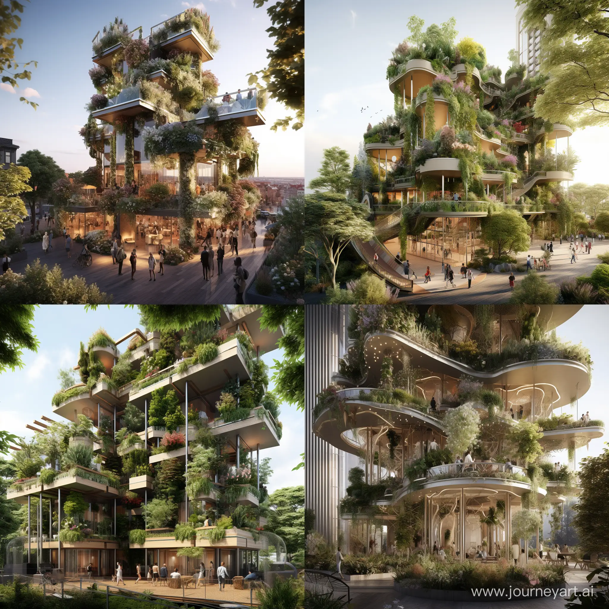 imagine Vertical Social Gardens: Design modern buildings that incorporate vertical gardens and communal spaces, encouraging social interaction and a connection with nature within an urban setting in future cities