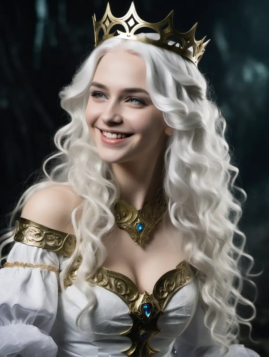 25 year old queen, long wavy white hair, closed lip smile, fantasy dress, brass circlet
