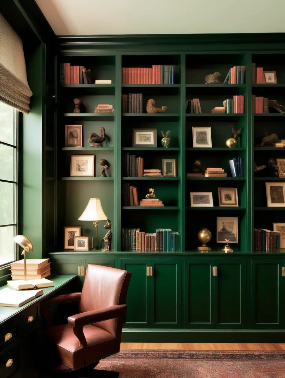 Elegant Dark Green Study with Abundant Builtin Cabinets and Books