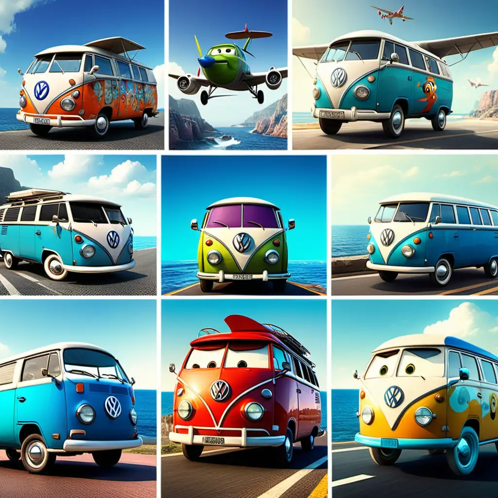 Style pixar; Van combi volkswagen; avec des yeux style cars; un avion style Velis en vol; Route en bord de mer