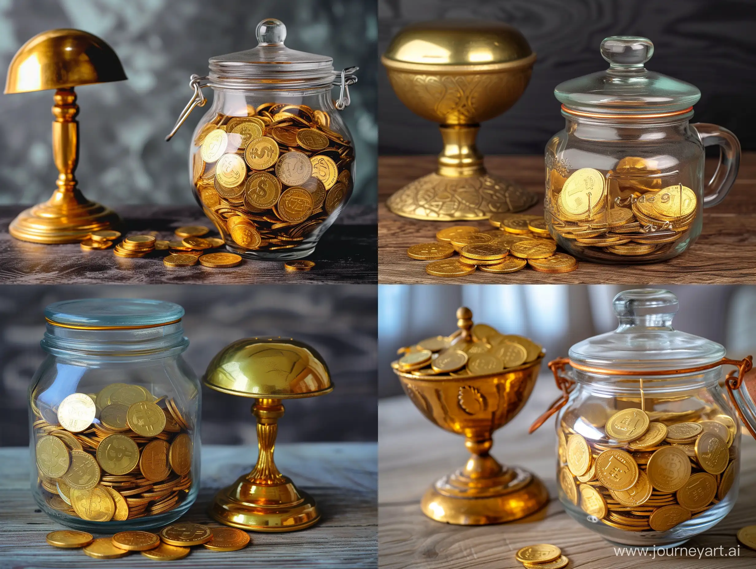 Glass money jar full of gold coins and lamp