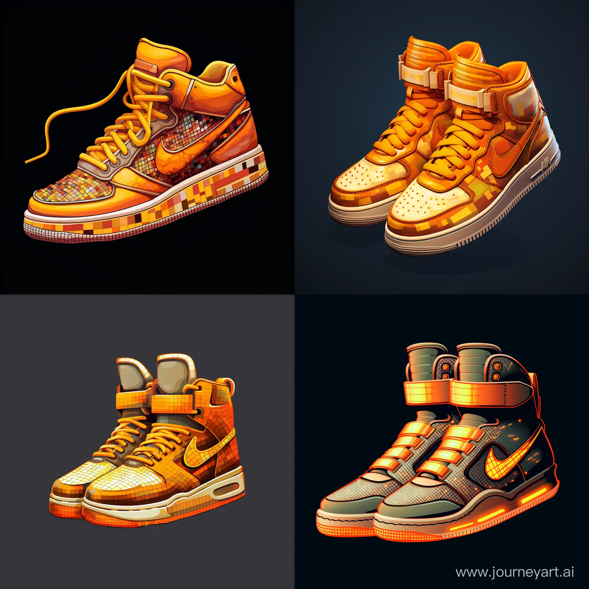пиксель арт кроссовок, цвета оранжевый и желтый, кроссовки светятся. изображение из пикселей