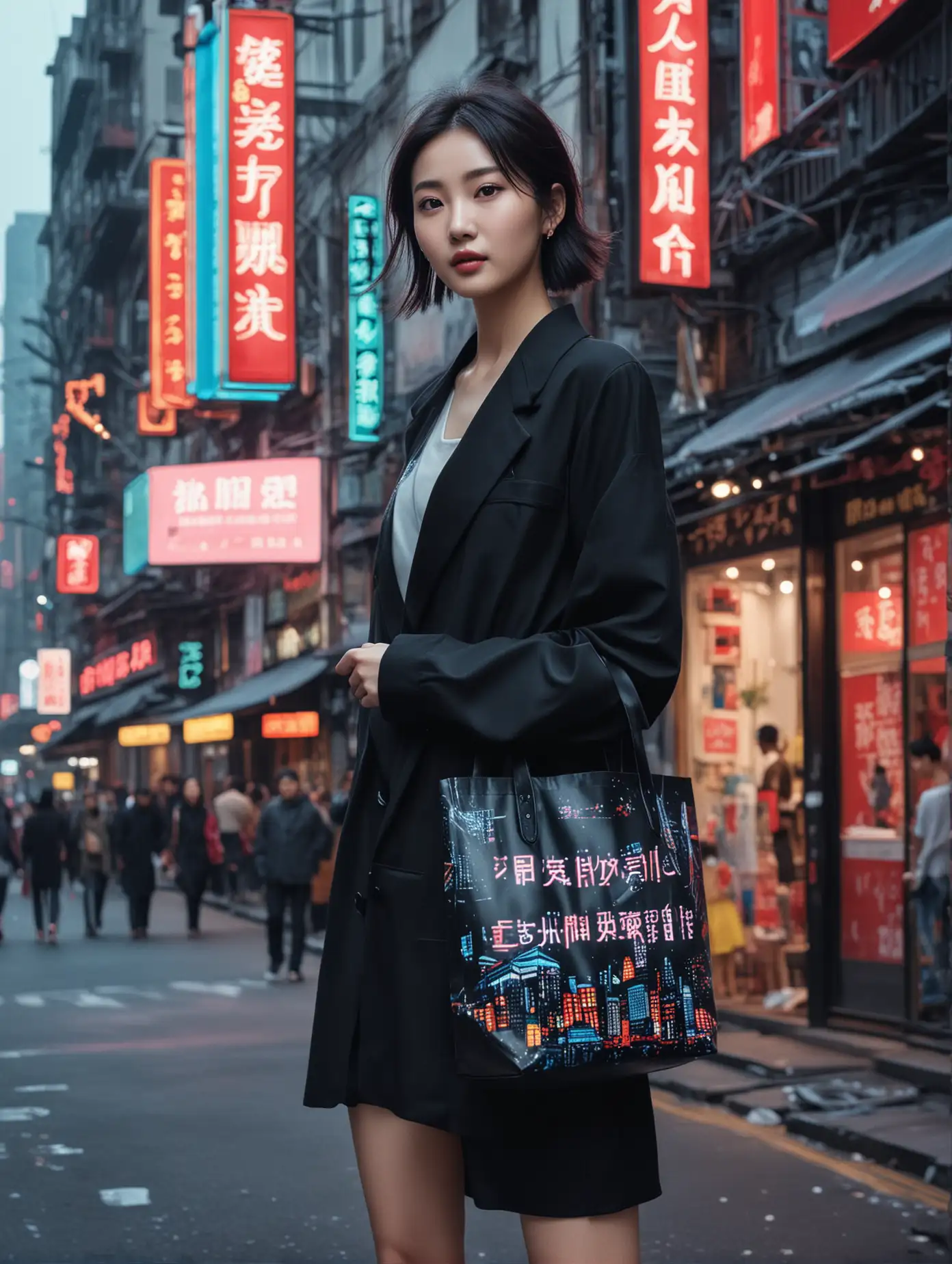 Modern Gao Yuanyuan, Shanghai  fashion, black shopper bag held with a sense of momentum, posing dynamically on a bustling Shanghai street, neon signs illuminating the background, soft focus on distant cityscape, vibrant colors, contrast between the sharp fashion details and blurred pedestrians, frozen motion, dramatic lighting, high-resolution digital painting.
