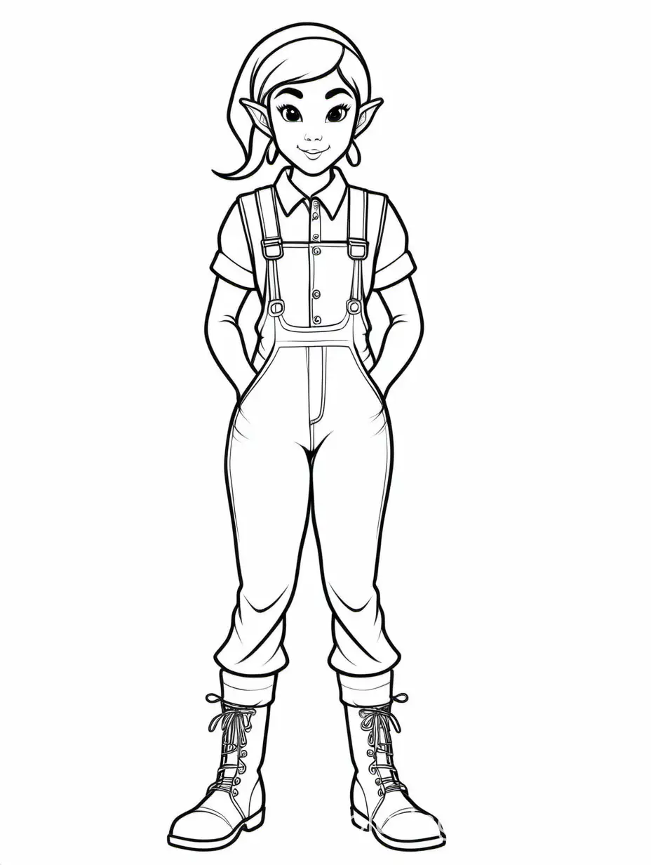 Asian styled elf with small pointed ears, wearing skintight overalls and combat boots, Coloring Page, black and white, line art, white background, Simplicity, Ample White Space. The background of the coloring page is plain white to make it easy for young children to color within the lines. The outlines of all the subjects are easy to distinguish, making it simple for kids to color without too much difficulty