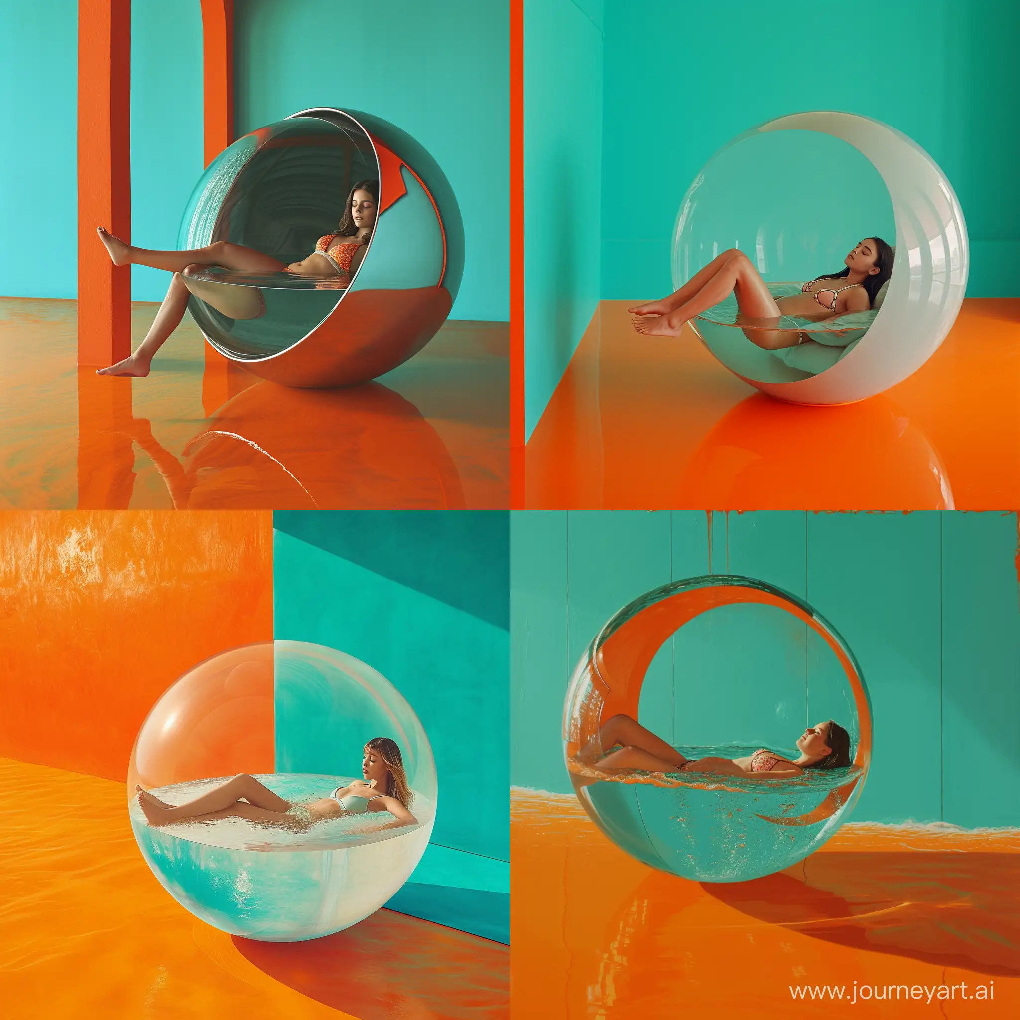 девушка лежит в сфере наполненной на половину водой, она в купальнике, тело расслаблено, сфера в комнате с оранжевым полом и бирюзовыми стенами