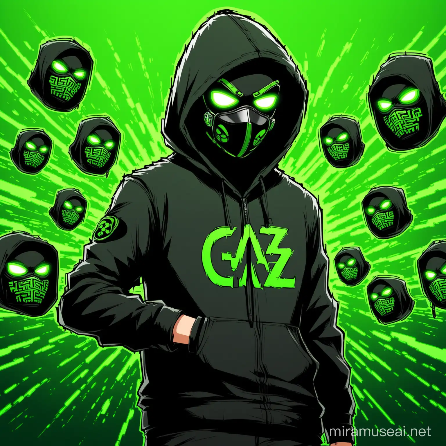 hacker cartoon black and green and gaz mask