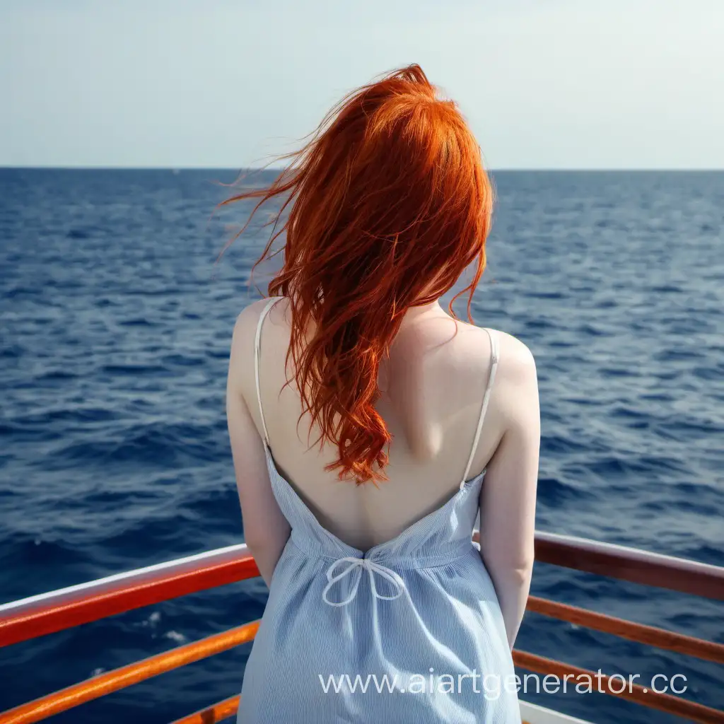 Рыжая девушка спиной на корабле в море